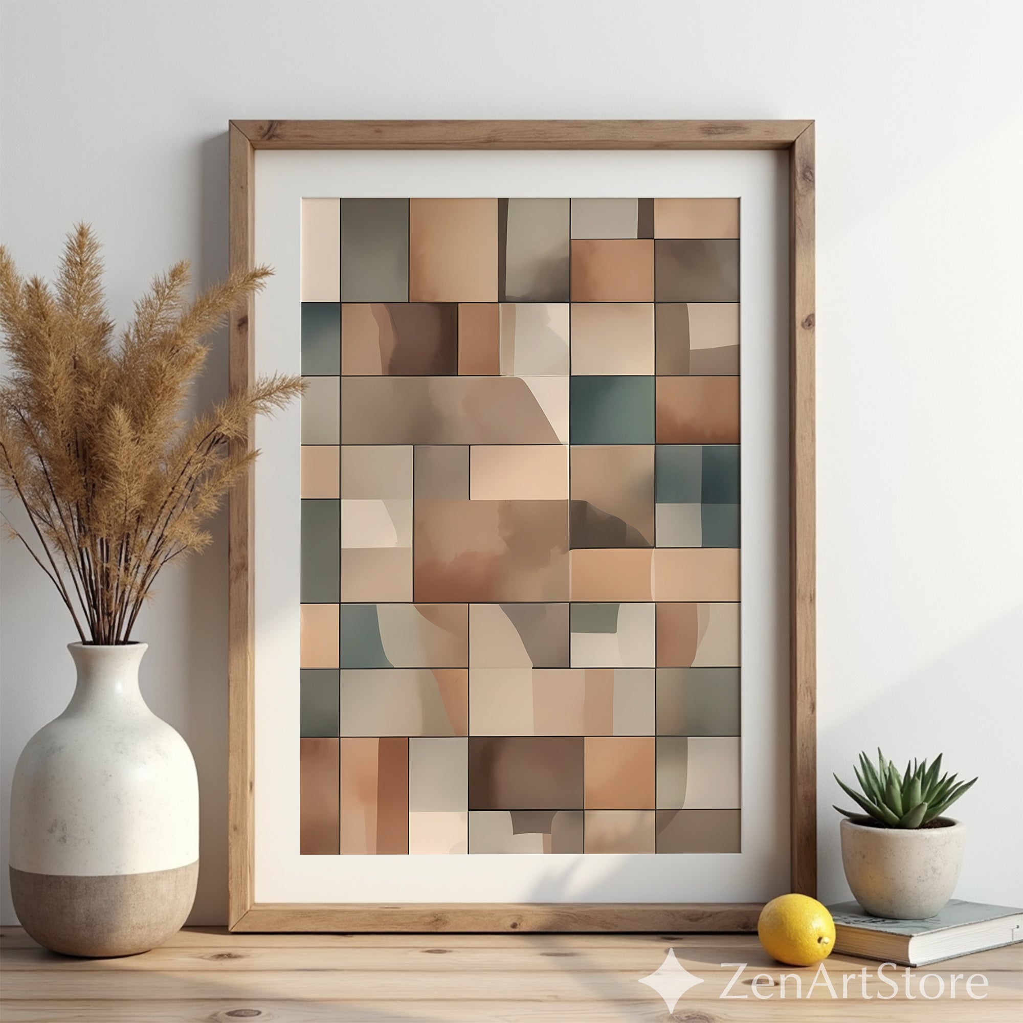 Neutral Geometric Wall Art Beige Brown Abstract Tiles Modern Minimalist Home Decor