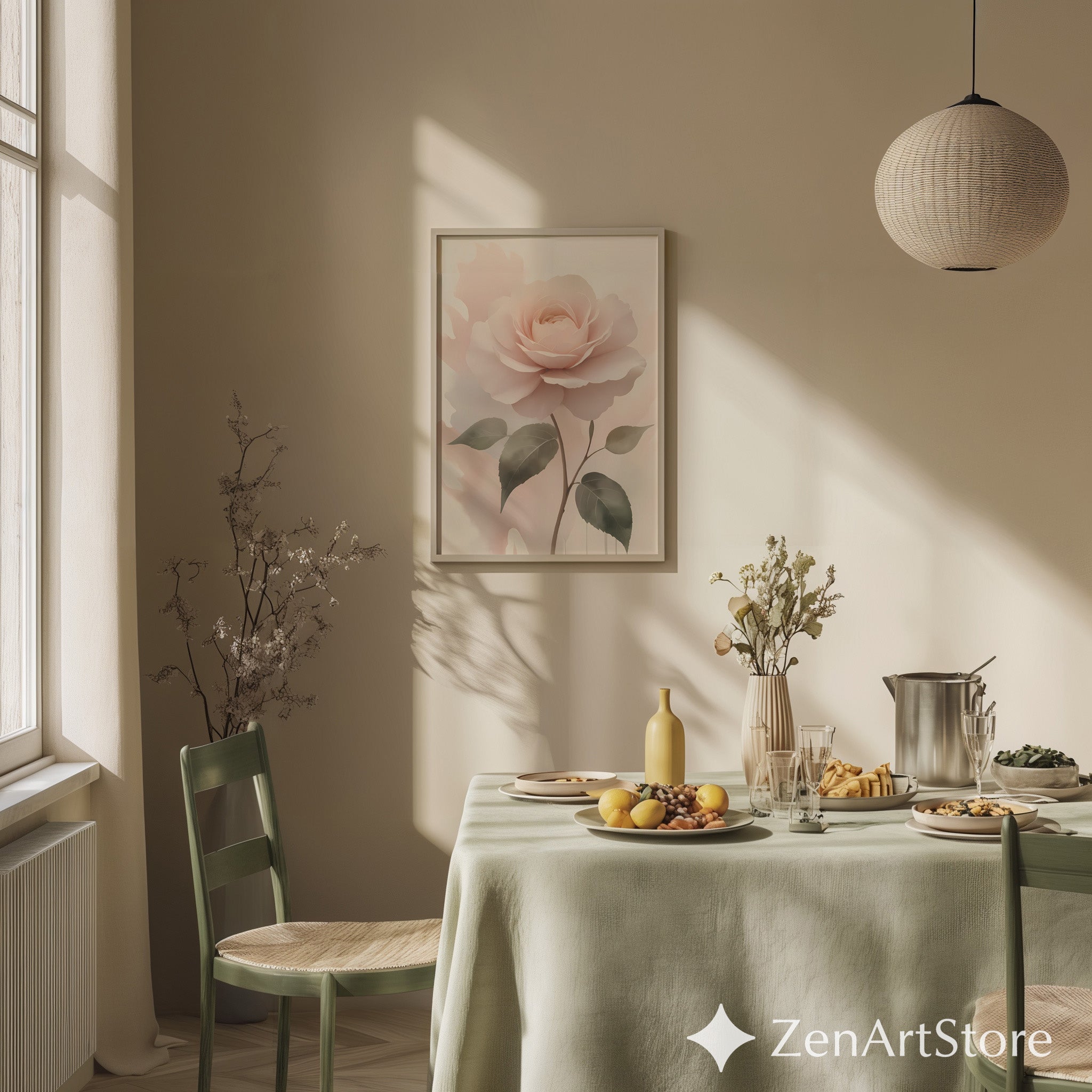 Blush Rose Wall Art Print - Soft Pastel Botanical Rose, Minimal Floral Nursery & Bedroom Decor, Neutral Modern Printable