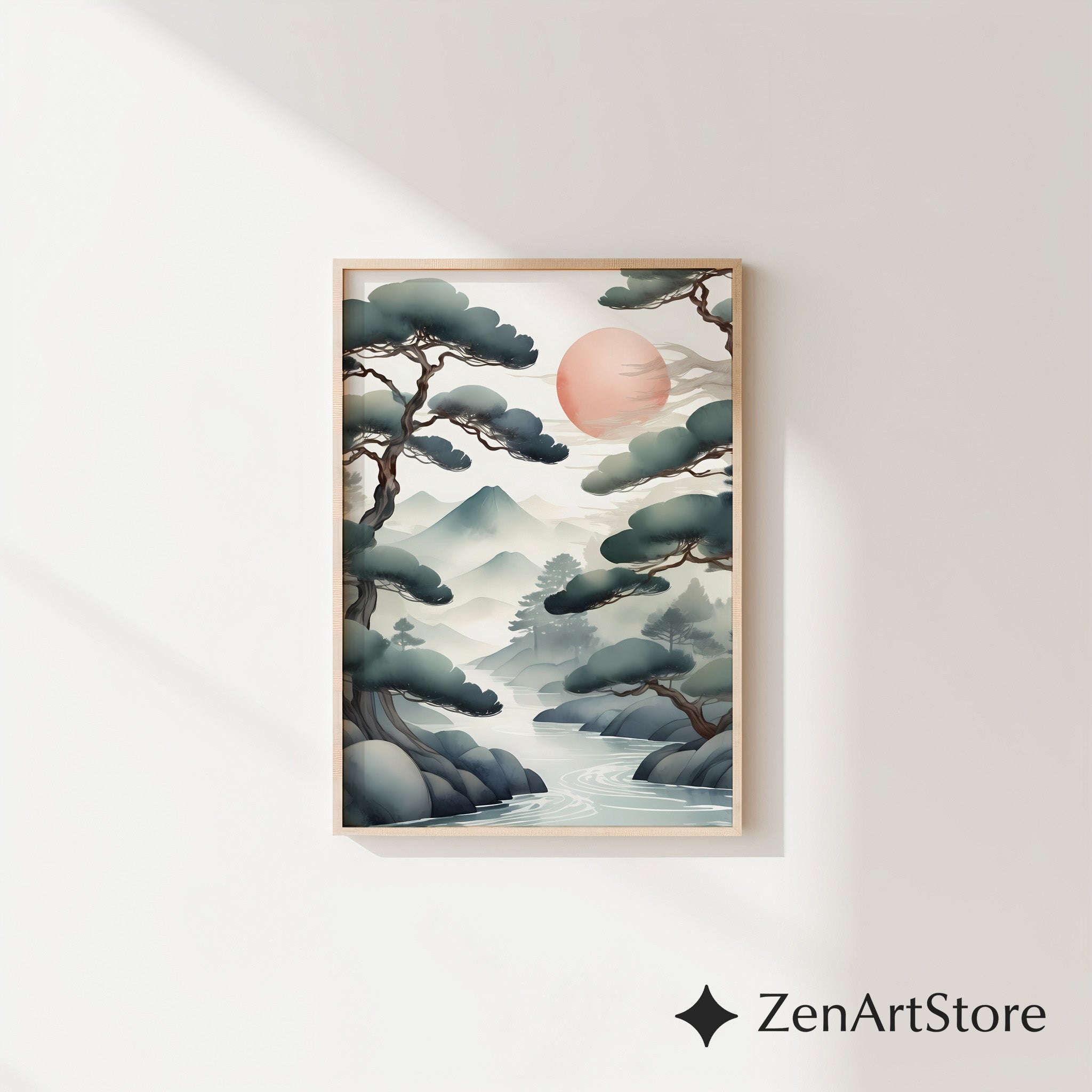 Zen Japanese Landscape Print Misty Pines & Red Sun - Japandi Minimalist Wall Art, Calm Neutral Home Decor (Print or Digital)