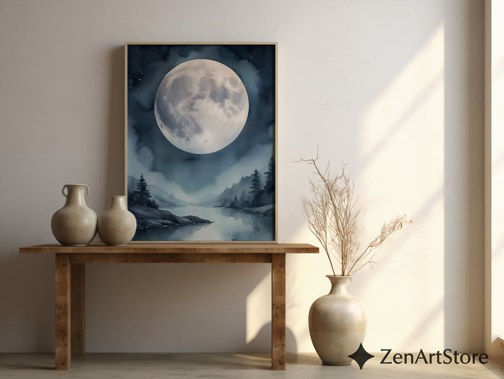 Ethereal Moonlit Lake Wall Art - Minimal Moon Landscape Print for Nordic Japandi Bedroom Decor