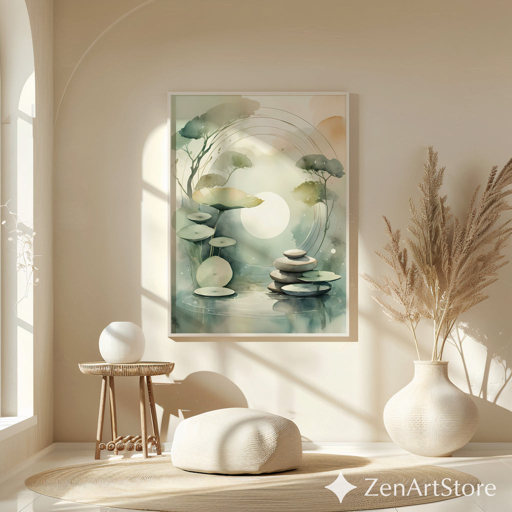 Zen Lotus Pond Wall Art - Minimal Japandi Botanical Print, Calming Neutral Green Landscape for Home Decor