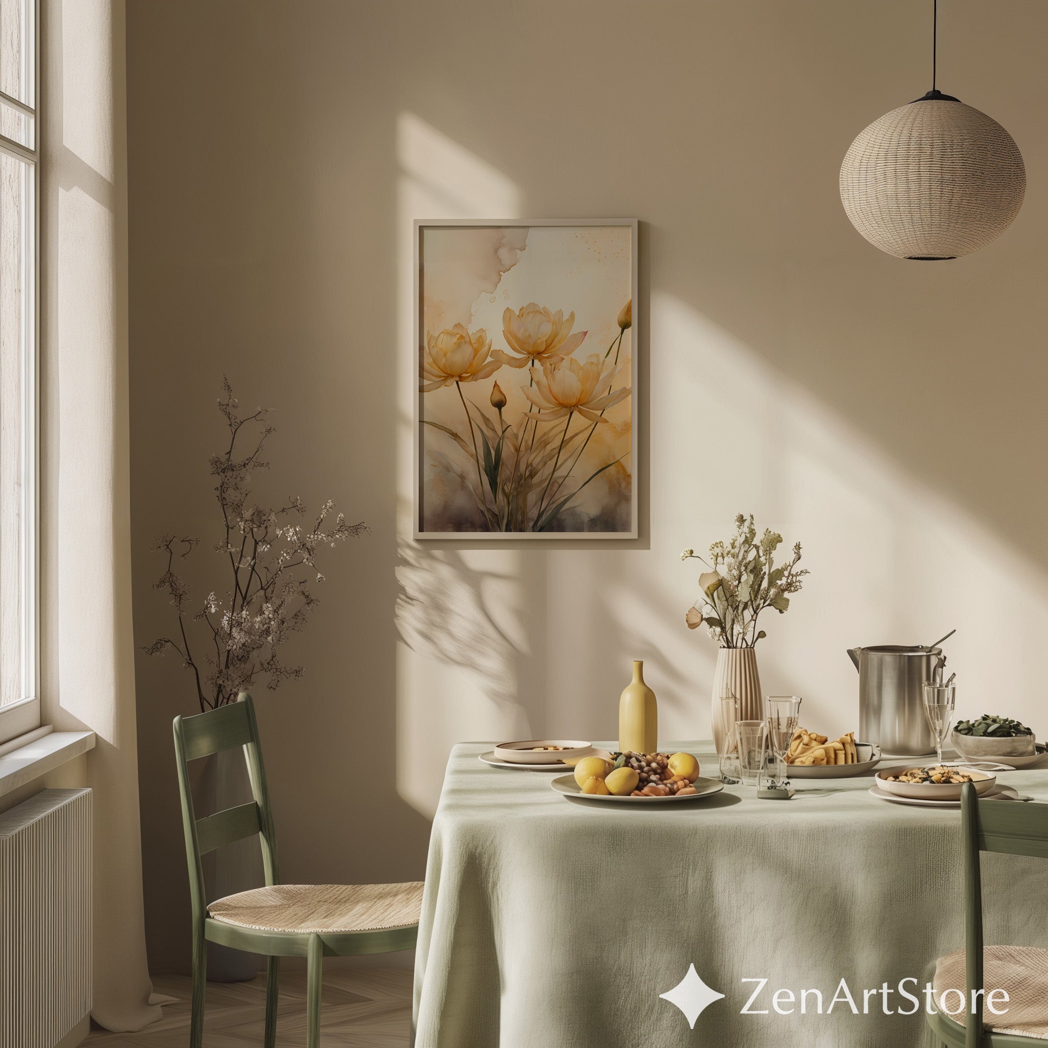 Golden Beige Floral Wall Art - Minimal Botanical Watercolor Print, Zen Japandi Neutral Home Decor