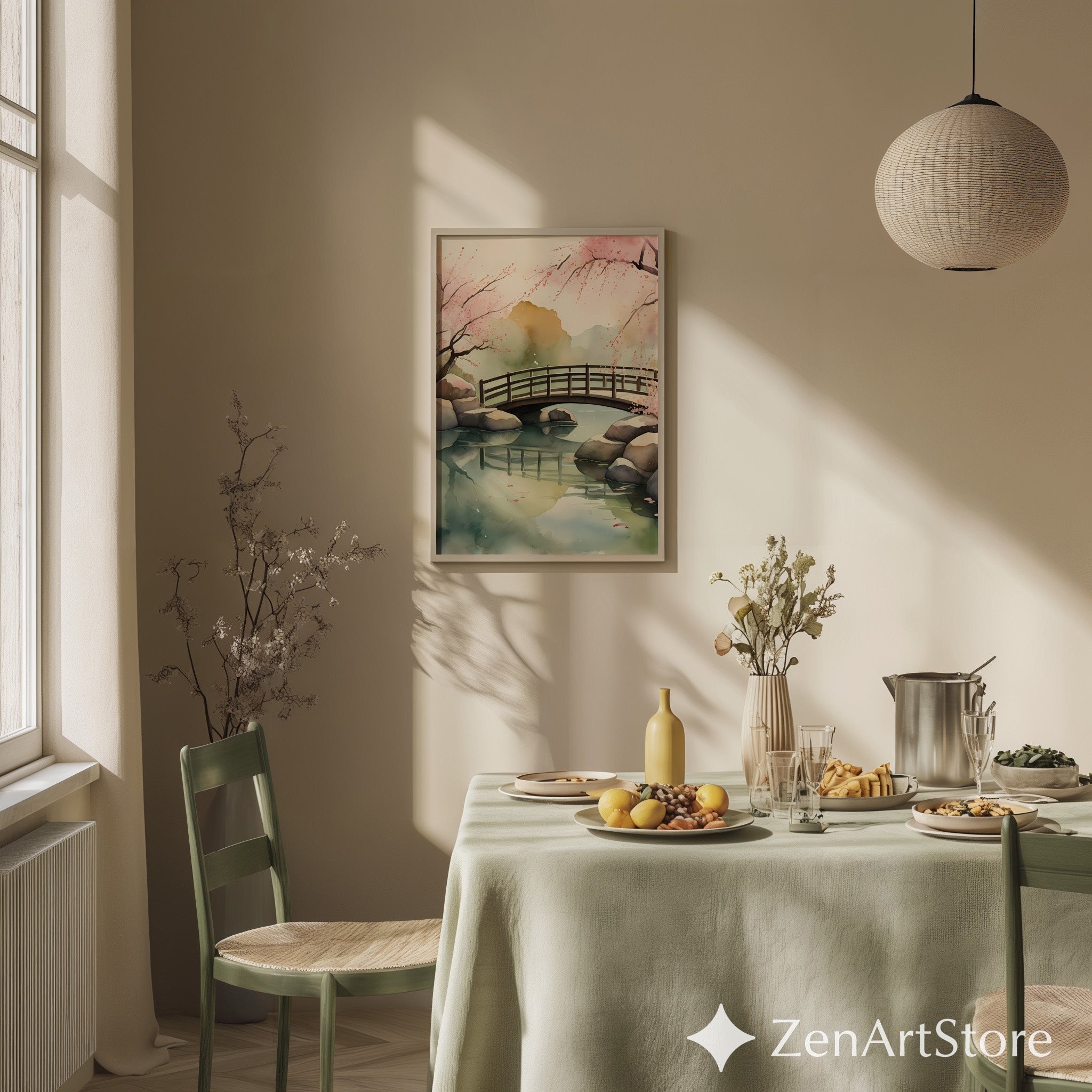 Serene Japanese Bridge Watercolor Print - Cherry Blossom Wall Art, Zen Japandi Minimal Landscape for Neutral Home Decor