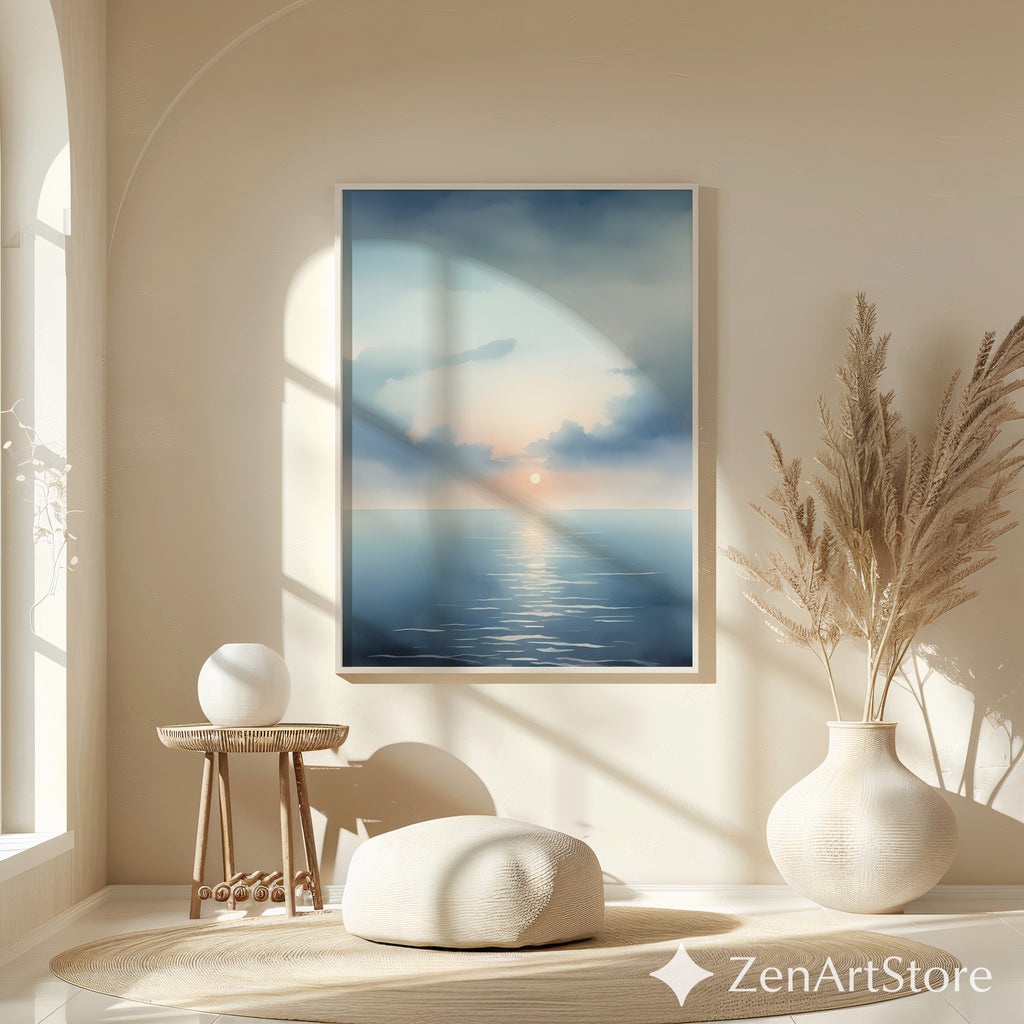 Serene Seascape Sunrise Wall Art - Minimal Ocean Print in Blue & Peach, Zen Japandi Coastal Canvas or Printable