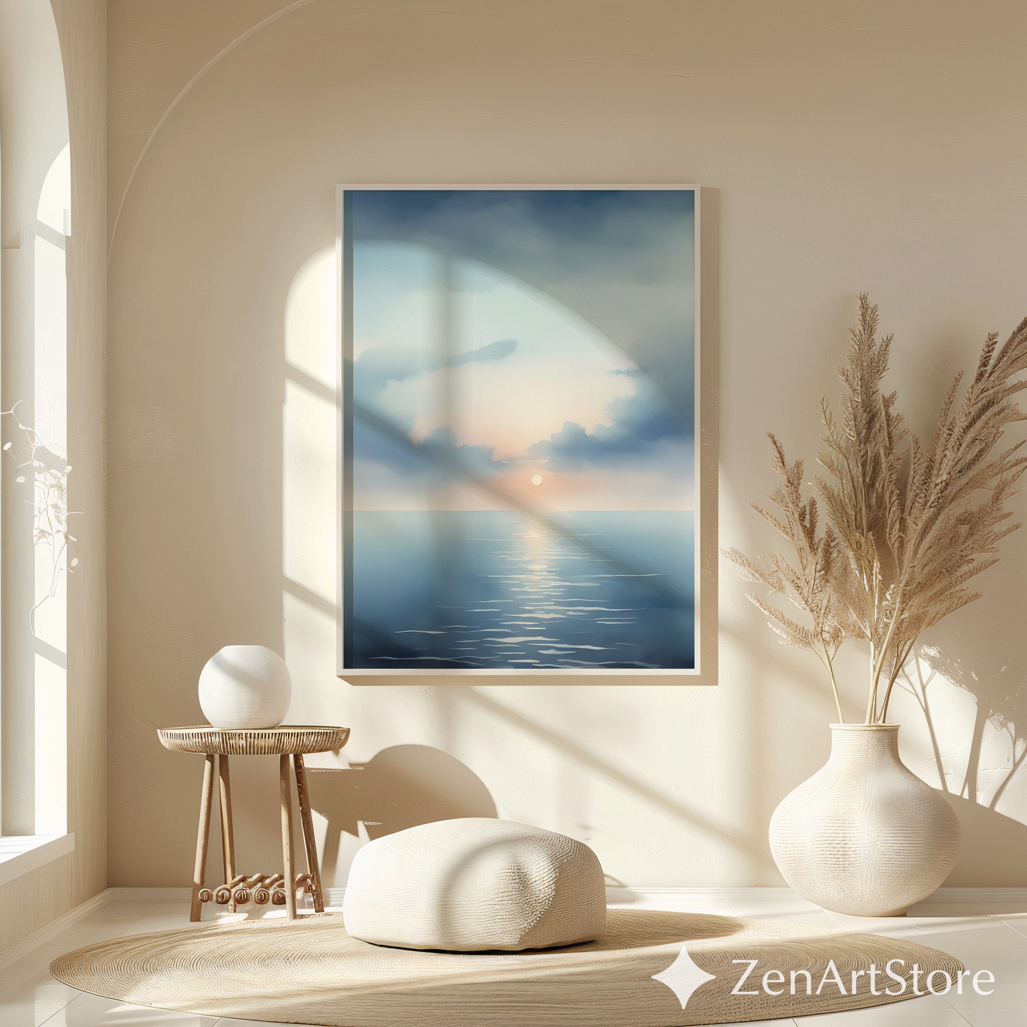 Serene Seascape Sunrise Wall Art - Minimal Ocean Print in Blue & Peach, Zen Japandi Coastal Canvas or Printable