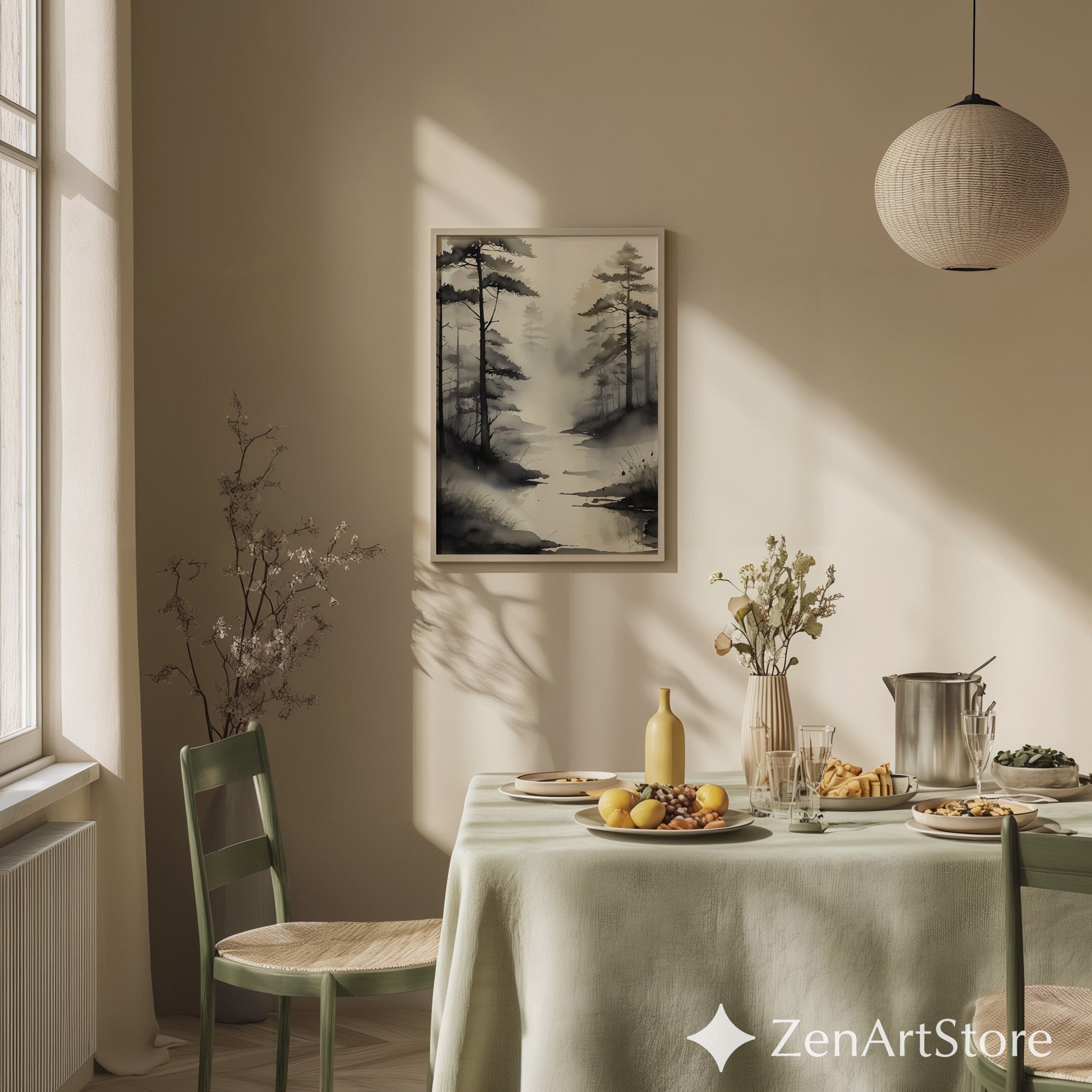 Misty Pine Forest Watercolor Print - Minimal Zen Landscape Wall Art - Neutral Black & Beige Japandi Home Decor
