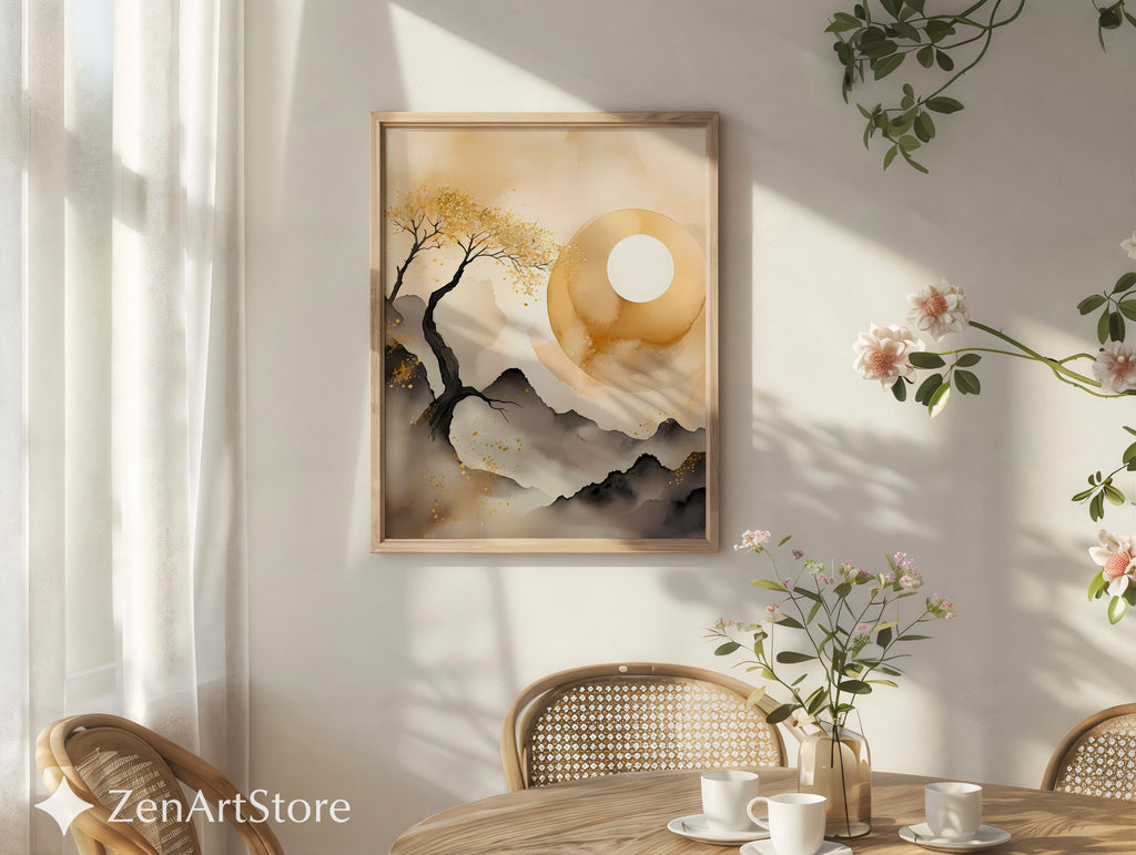 Golden Moon Zen Landscape - Minimal Japanese Abstract Printable Wall Art