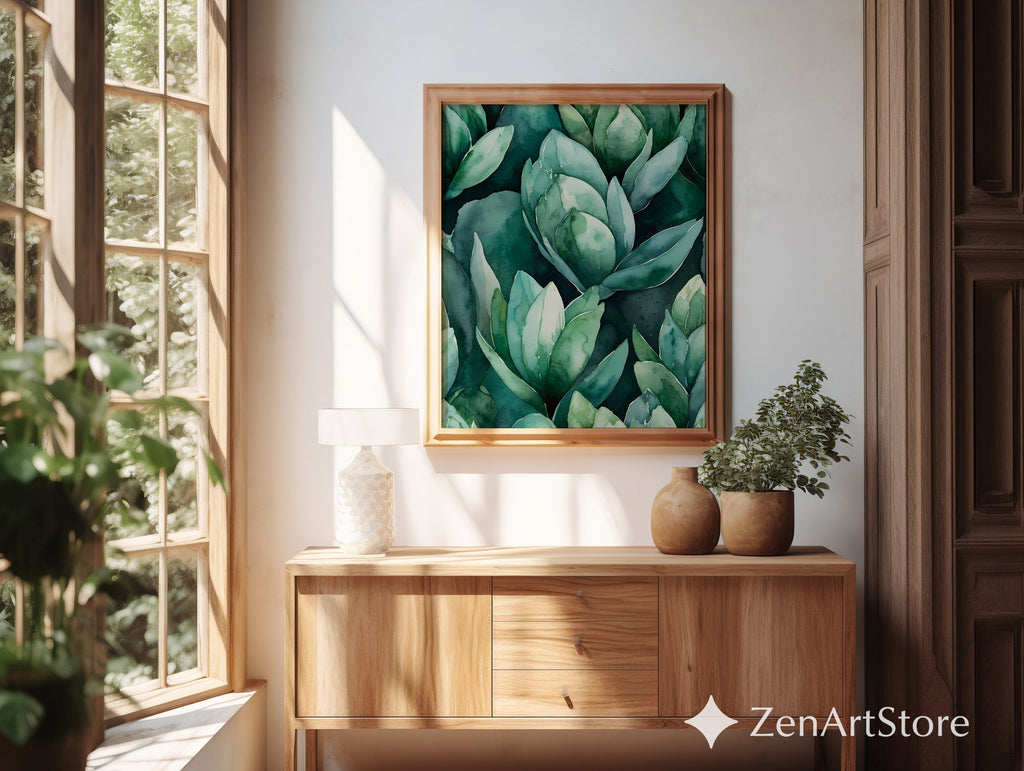 Teal Succulent Watercolor Print - Botanical Green Wall Art, Modern Japandi Printable for Living Room & Bedroom