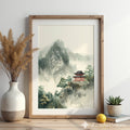 Zen Mountain Pagoda Art Print - Minimal Japanese Sumi-e Landscape, Japandi Wall Art for Calming Neutral Home Decor
