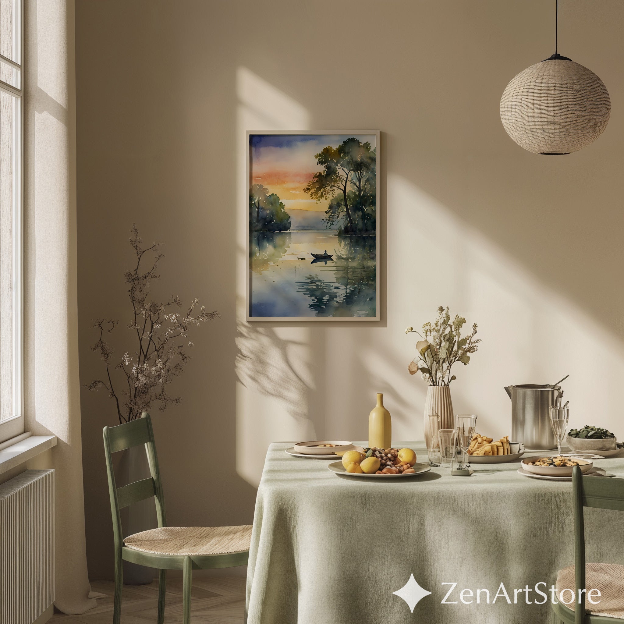 Serene Lake Sunrise Watercolor Print - Minimal Boat Landscape Wall Art for Living Room, Bedroom, Japandi Zen Decor