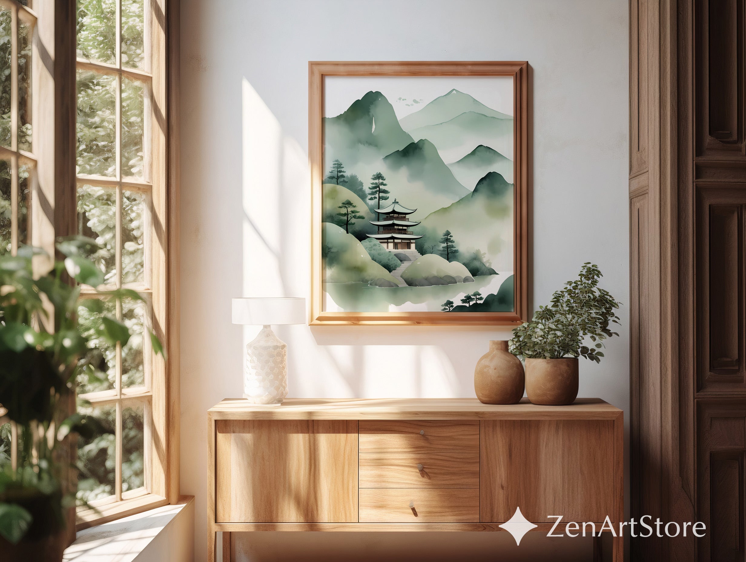 Misty Mountain Pagoda Print - Japanese Watercolor Landscape Wall Art, Zen Japandi Minimalist Green Home Decor