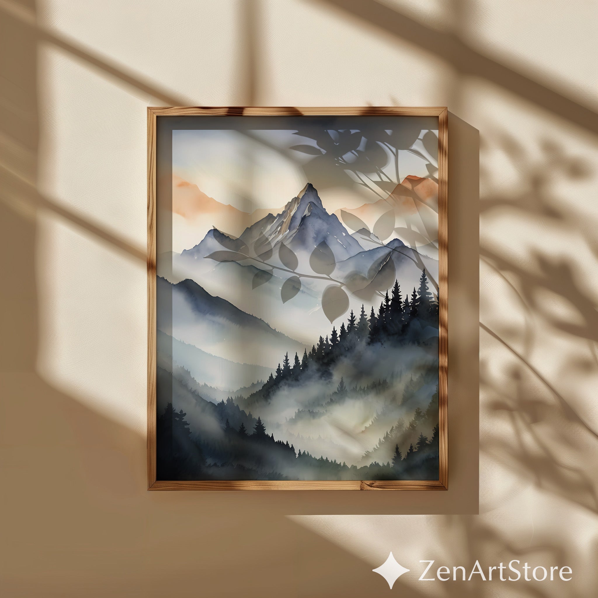 Misty Mountain Wall Art - Neutral Watercolor Landscape Print, Japandi Scandinavian Zen Home Decor, Modern Mountain Poster