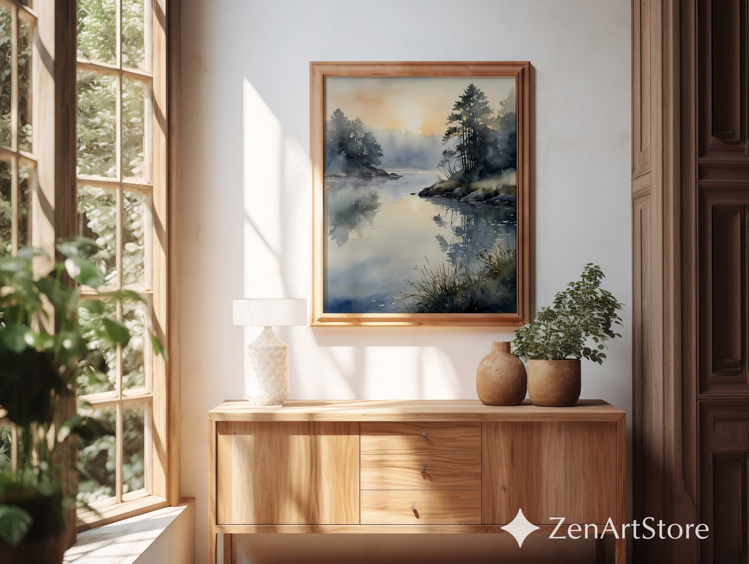 Misty Lake Sunrise Watercolor Print - Calm Neutral Landscape Wall Art for Living Room, Bedroom, Japandi Wabi Sabi Decor