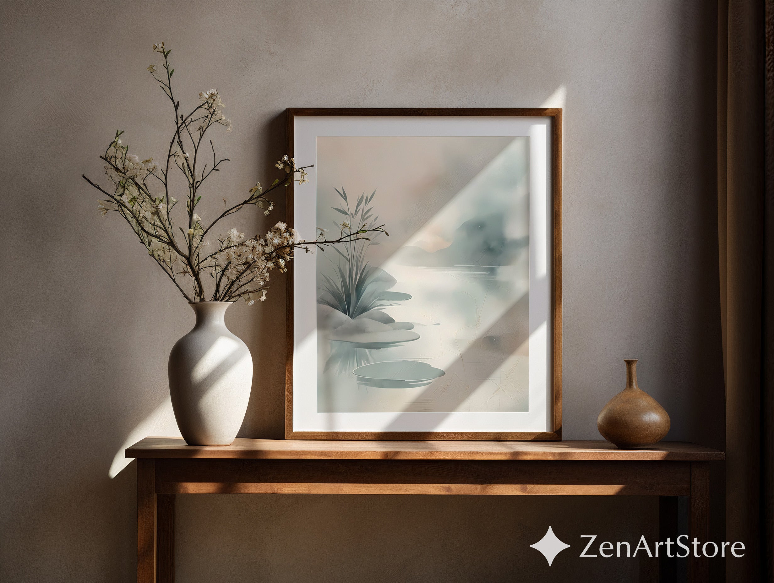 Minimal Zen Lake Wall Art - Japandi Botanical Landscape Print, Calm Neutral Watercolor, Scandinavian Home Decor
