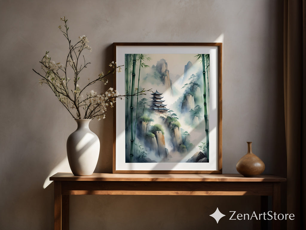 Misty Mountain Pagoda Wall Art - Zen Bamboo Landscape Print, Japandi Minimal Home Decor