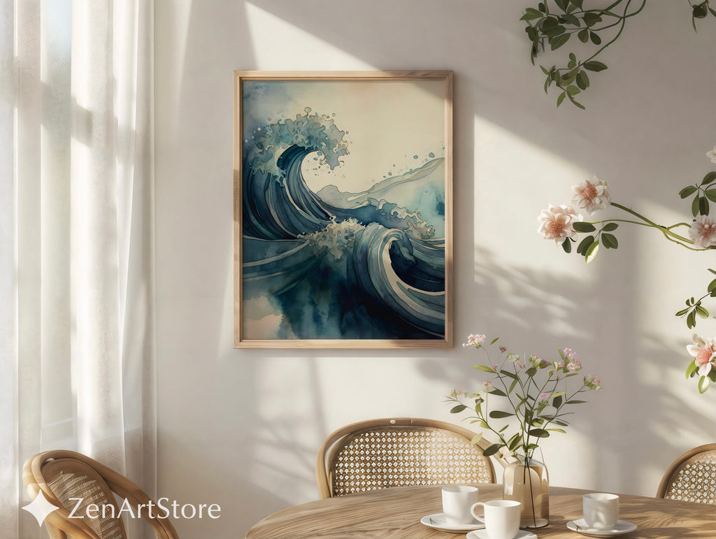 Blue Wave Art Print - Minimal Japanese Wave Abstract, Zen Japandi Coastal Home Decor, Indigo Seascape Wall Art