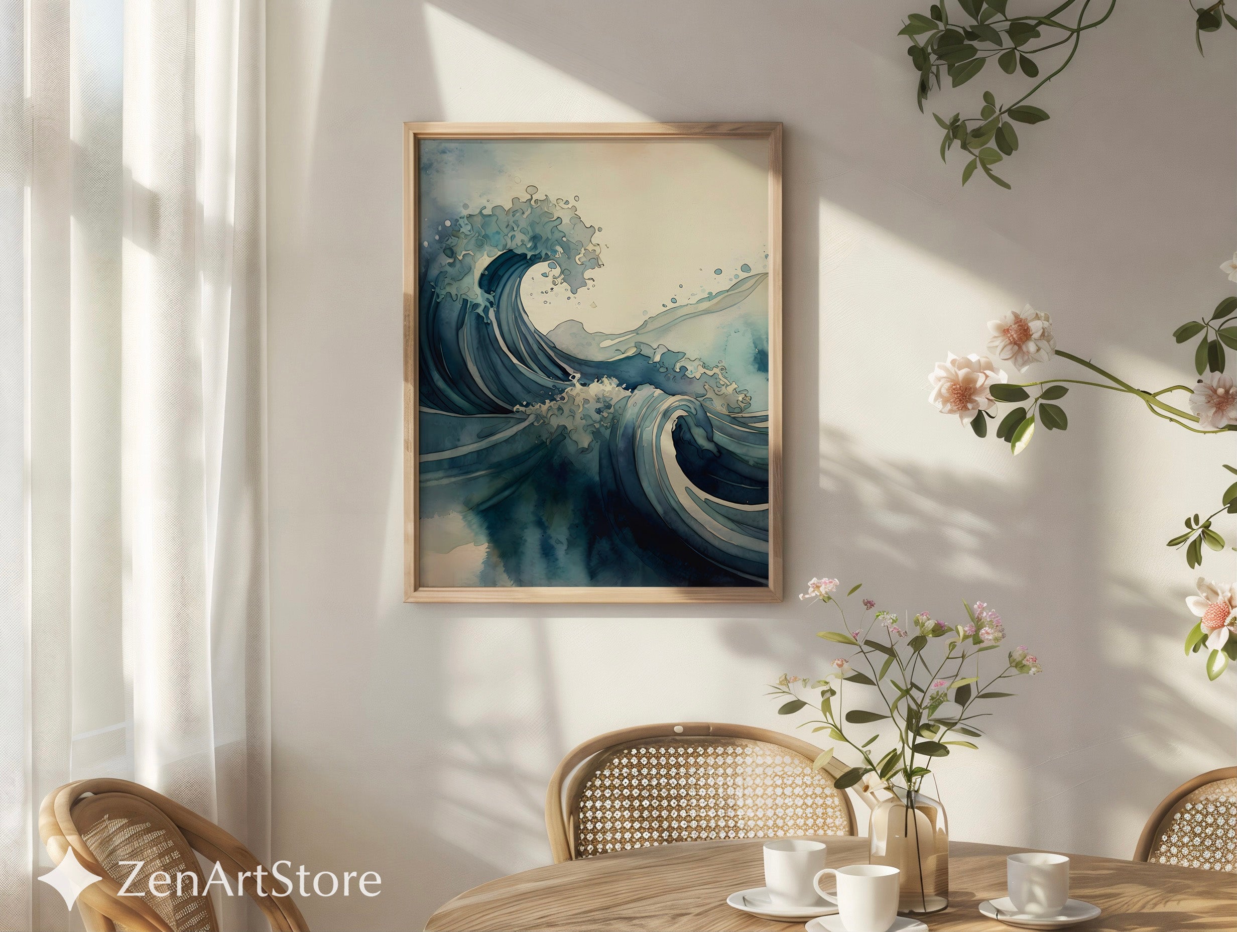 Blue Wave Art Print - Minimal Japanese Wave Abstract, Zen Japandi Coastal Home Decor, Indigo Seascape Wall Art