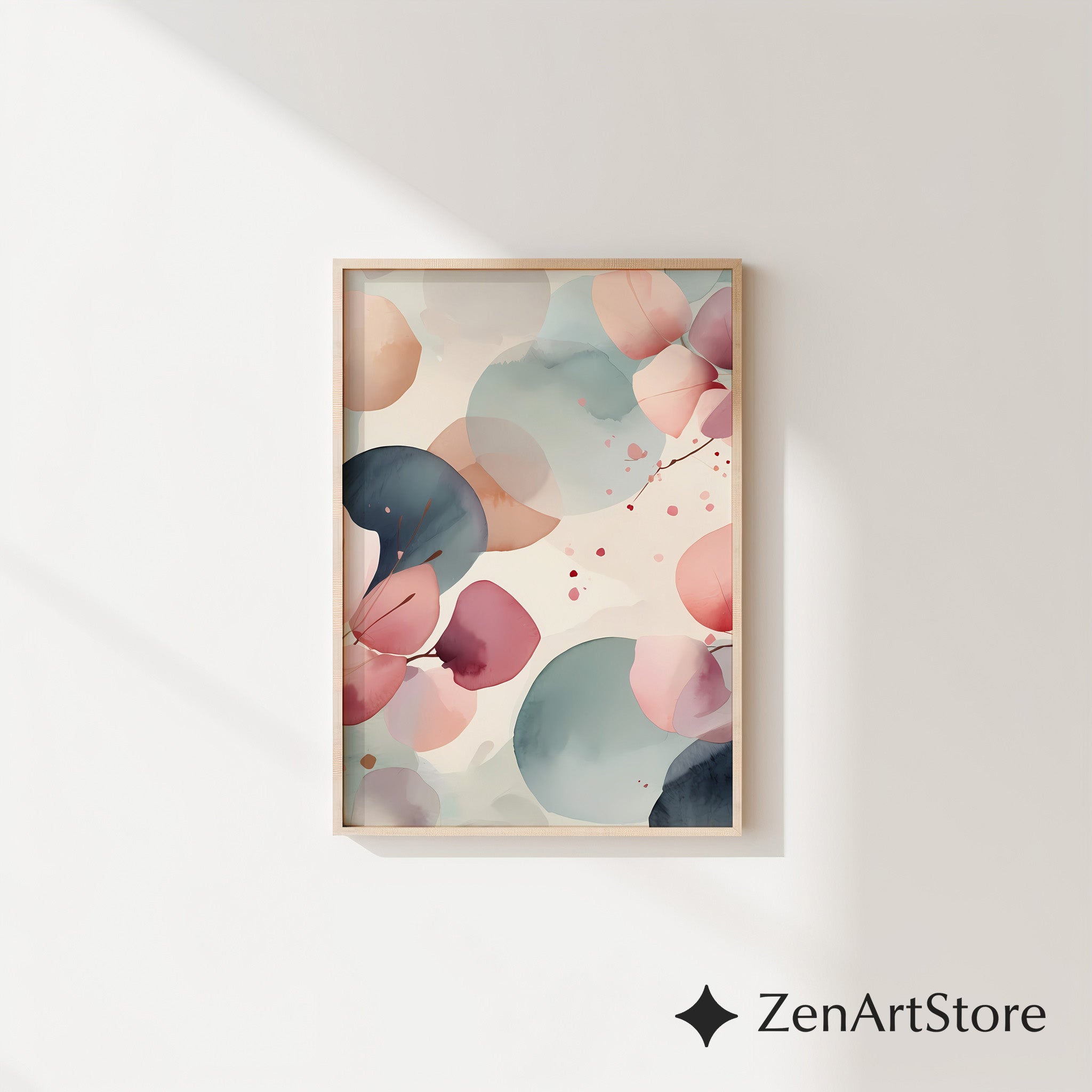 Zen Minimal Japanese Abstract Printable Wall Art - Soft Pink & Teal Watercolor Eucalyptus