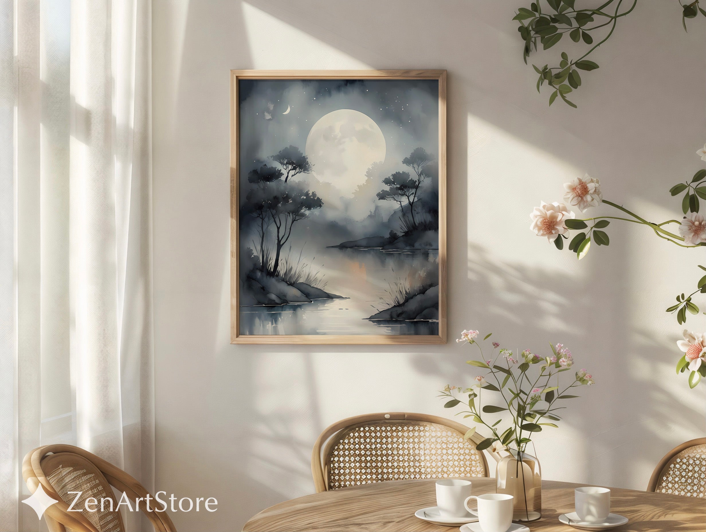 Moonlit Lake Wall Art Print - Serene Minimalist Moon Landscape, Grayscale Japandi Zen Home Decor