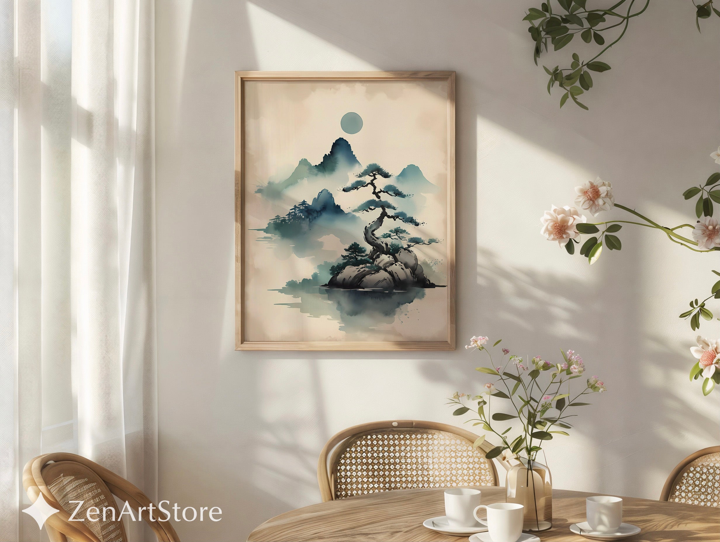 Zen Ink Landscape Print - Misty Mountain Bonsai Art, Minimal Japandi Wall Decor for Neutral Modern Homes
