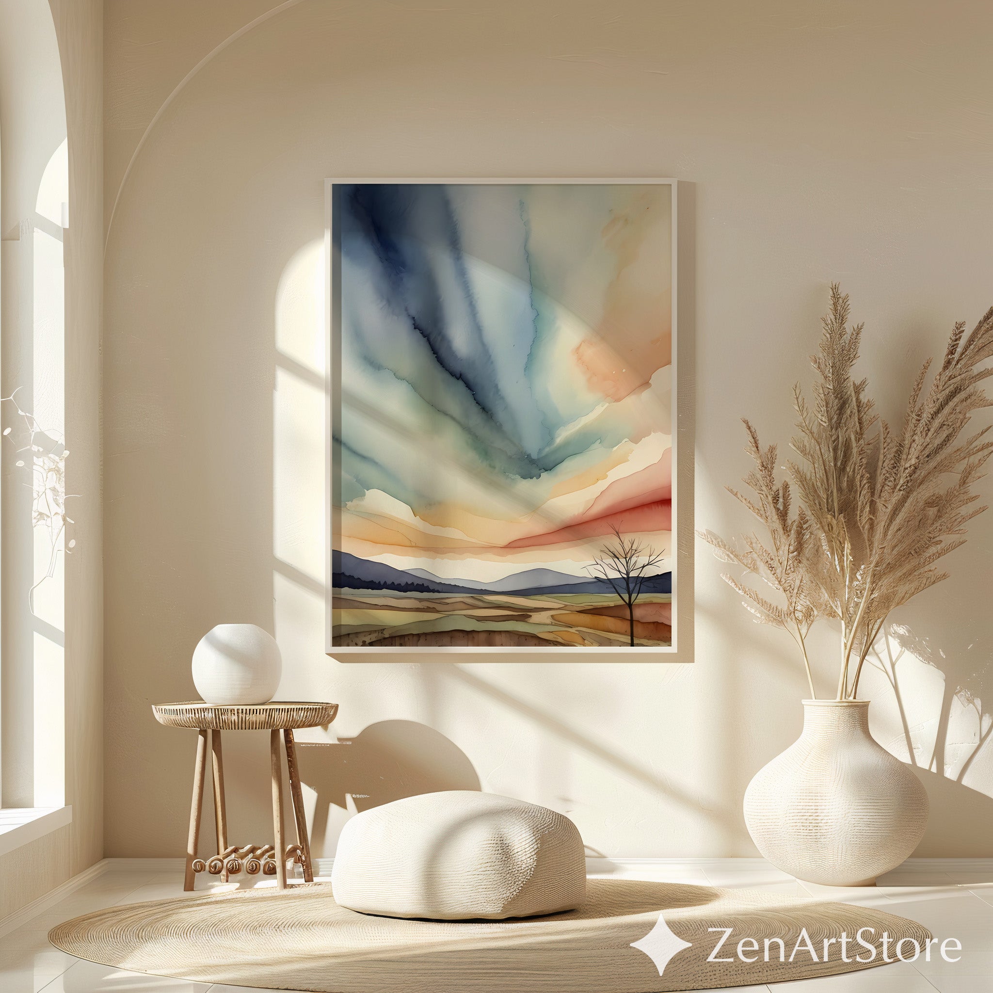 Abstract Zen Landscape Watercolor Print - Minimal Japandi Wall Art, Neutral Sky & Hills for Living Room