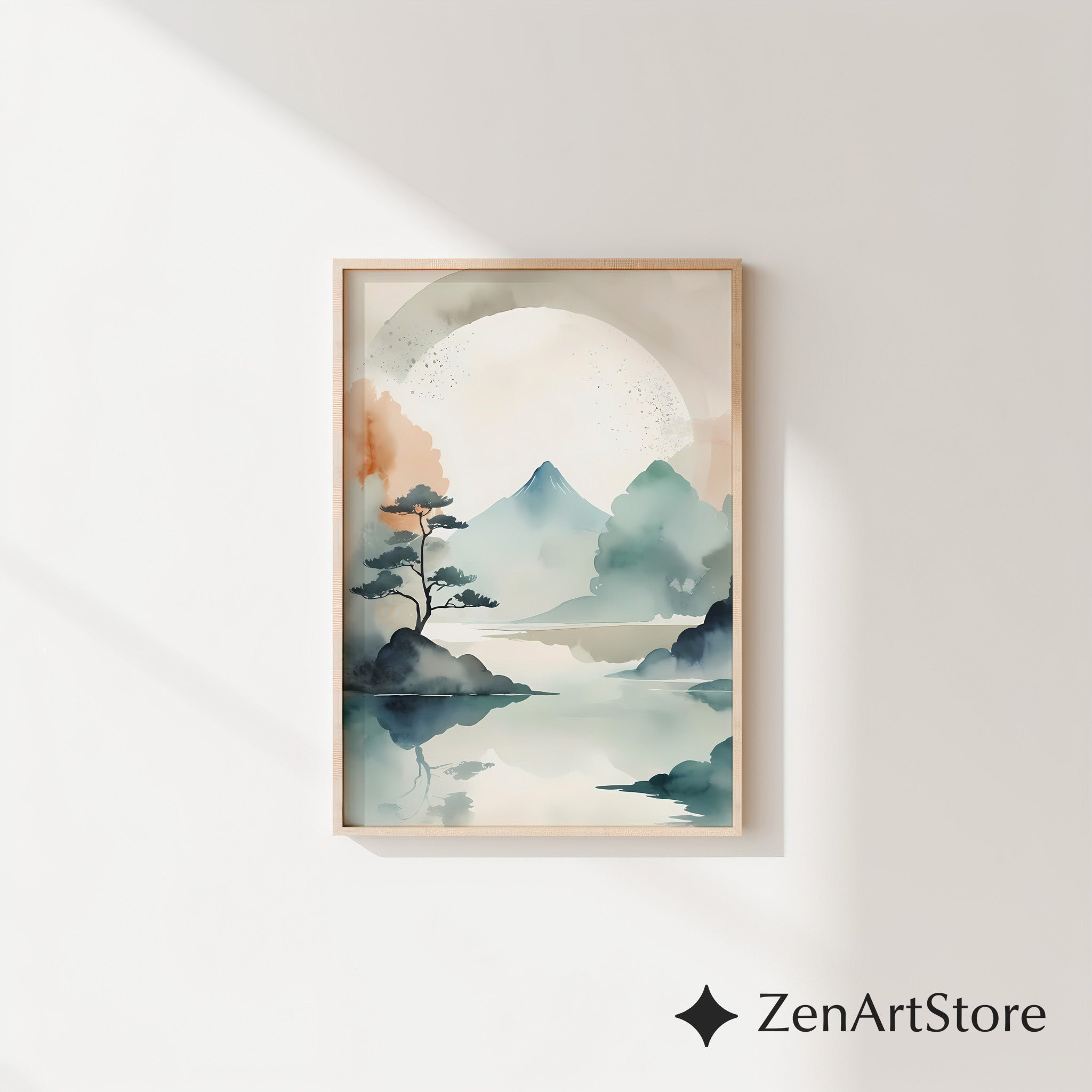 Japandi Watercolor Mountain Print - Zen Minimal Landscape Wall Art, Neutral Beige Teal Abstract for Living Room & Bedroom