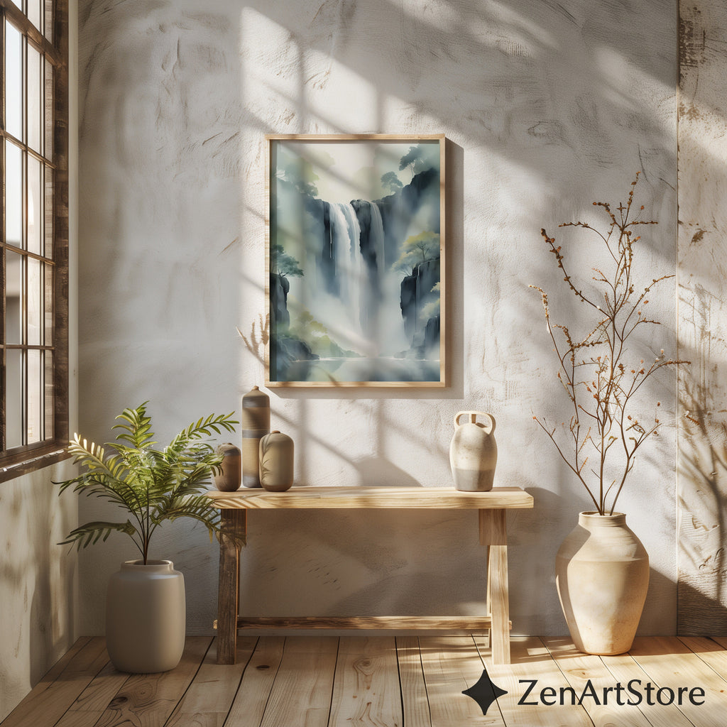 Misty Waterfall Wall Art Printable — Zen Japandi Landscape, Minimal Neutral Nature Print for Living Room & Bedroom