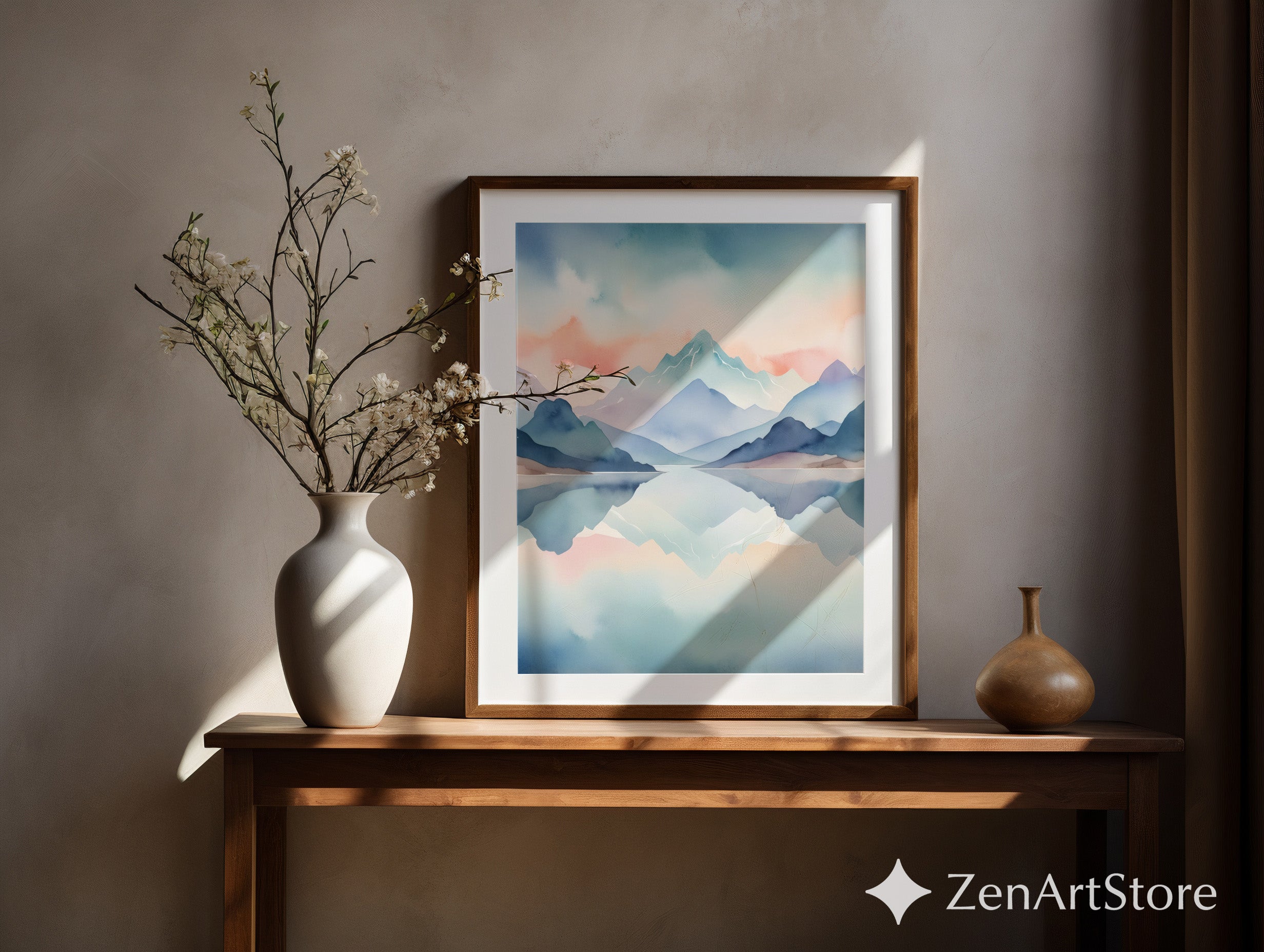 Pastel Watercolor Mountain Print - Calming Lake Reflection Wall Art for Living Room, Bedroom, Nursery - Minimal Japandi Home Decor