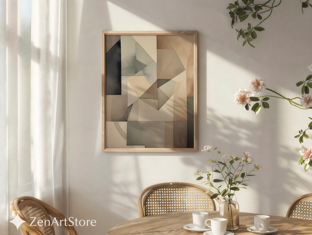 Neutral Geometric Abstract Wall Art - Beige Gray Minimalist Print for Living Room, Japandi Wabi Sabi Home Decor