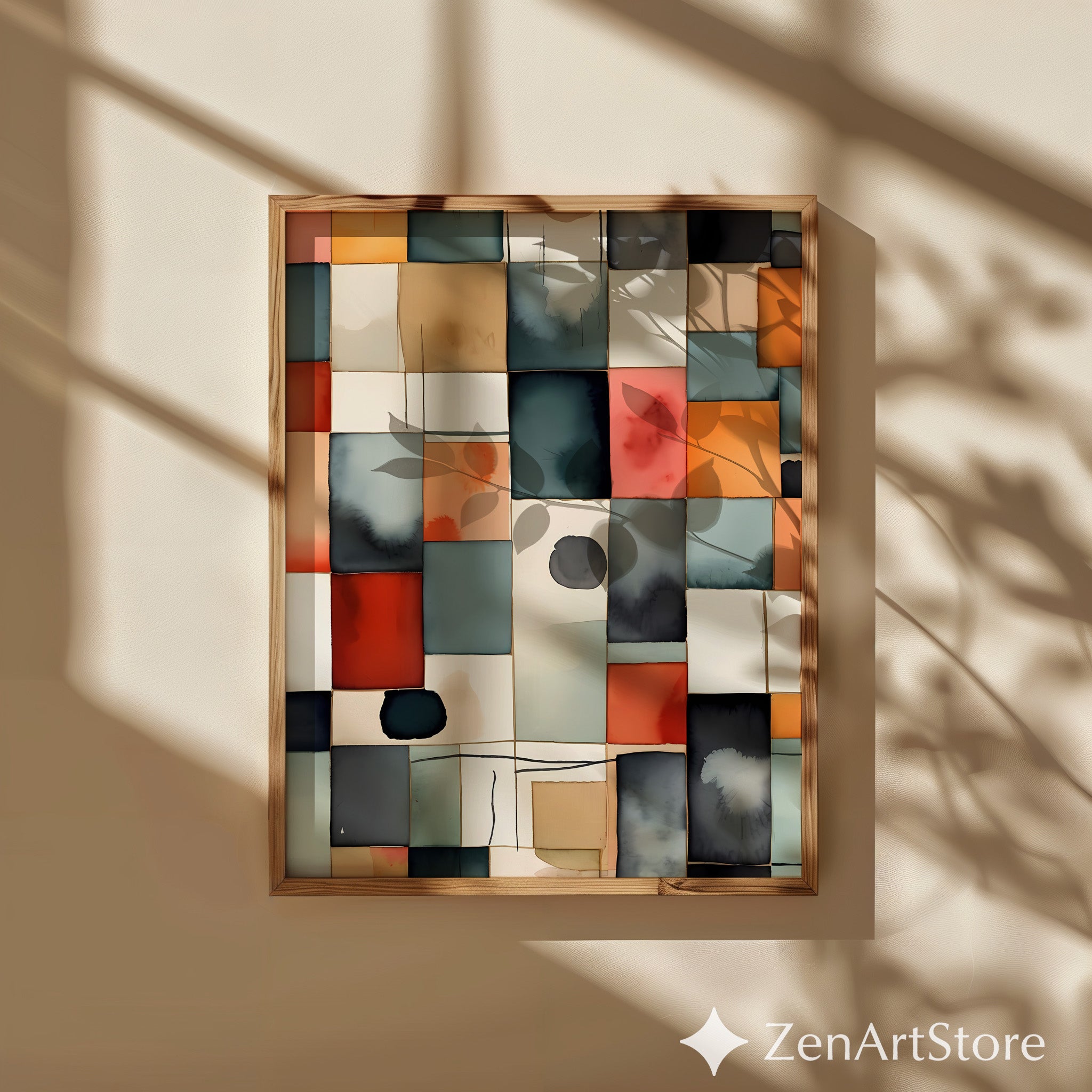 Abstract Watercolor Grid Wall Art - Modern Geometric Print in Teal Terracotta Beige - Japandi Scandinavian Minimal Home Decor