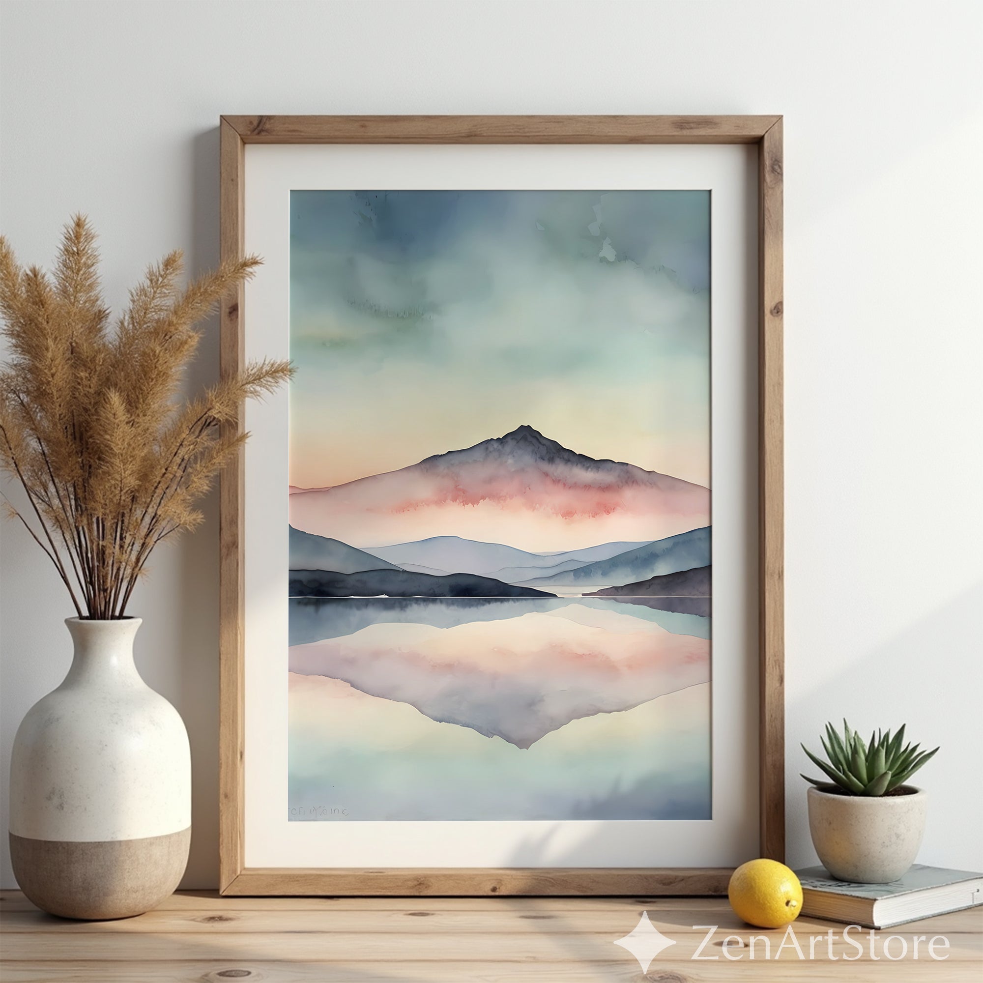 Pastel Mountain Watercolor Print - Calming Landscape Wall Art for Living Room, Zen Minimal Japandi Home Decor