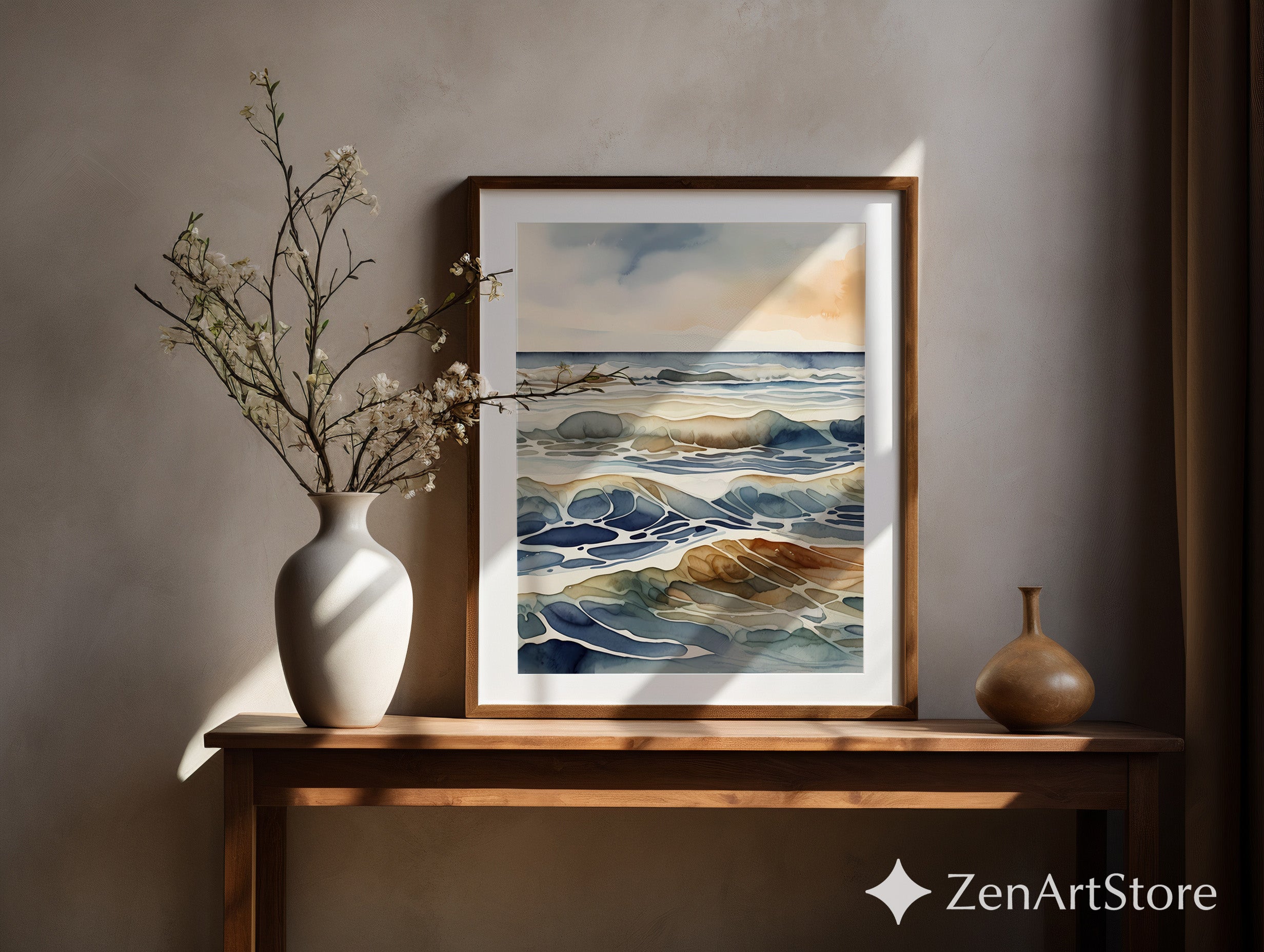 Abstract Ocean Watercolor Print - Calm Coastal Wall Art, Japandi Minimal Waves, Neutral Blue Beige Beach Decor
