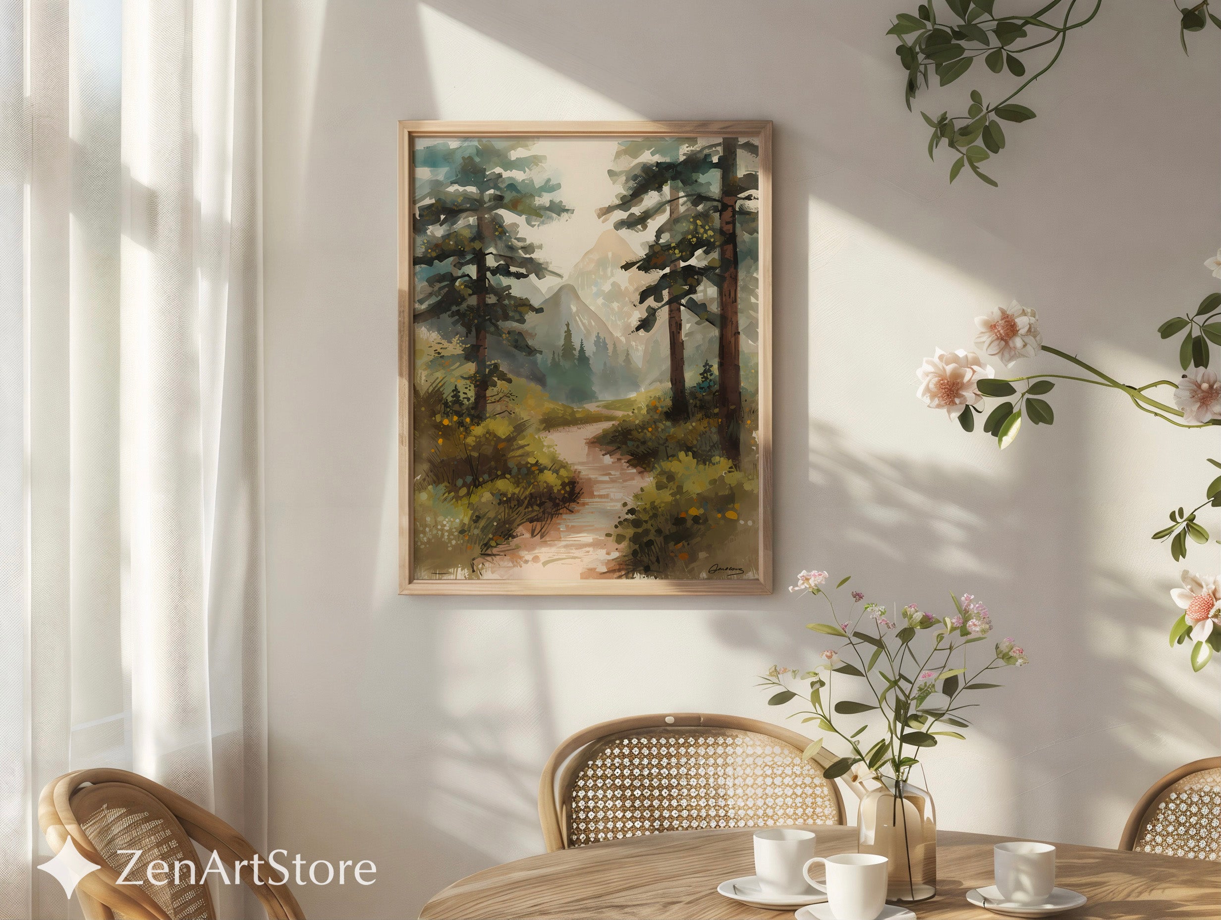 Misty Mountain Path Landscape Art Print - Calm Neutral Forest Painting for Living Room, Bedroom or Cabin Decor