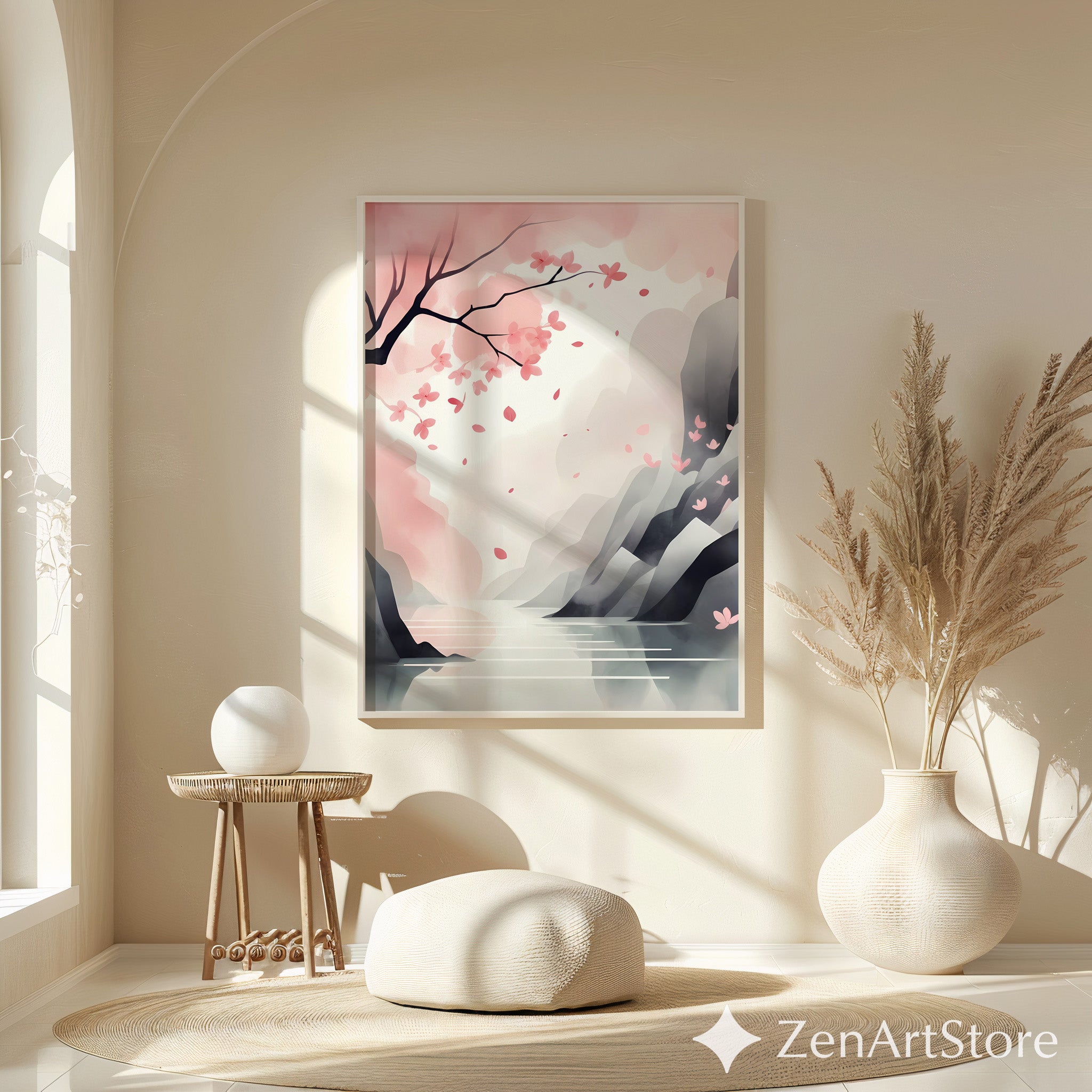 Cherry Blossom Landscape Print - Minimal Sakura Wall Art Pastel Pink Japandi Zen Print for Living Room Bedroom Nursery