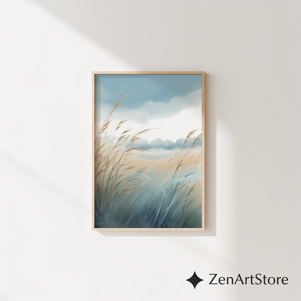 Serene Coastal Grass Landscape Print – Minimal Pastel Botanical Wall Art, Neutral Zen Decor for Living Room, Bedroom, Japandi & Boho Interiors
