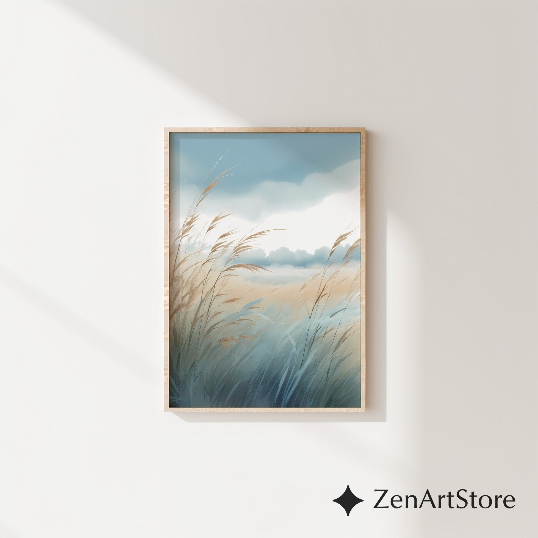 Serene Coastal Grass Landscape Print – Minimal Pastel Botanical Wall Art, Neutral Zen Decor for Living Room, Bedroom, Japandi & Boho Interiors