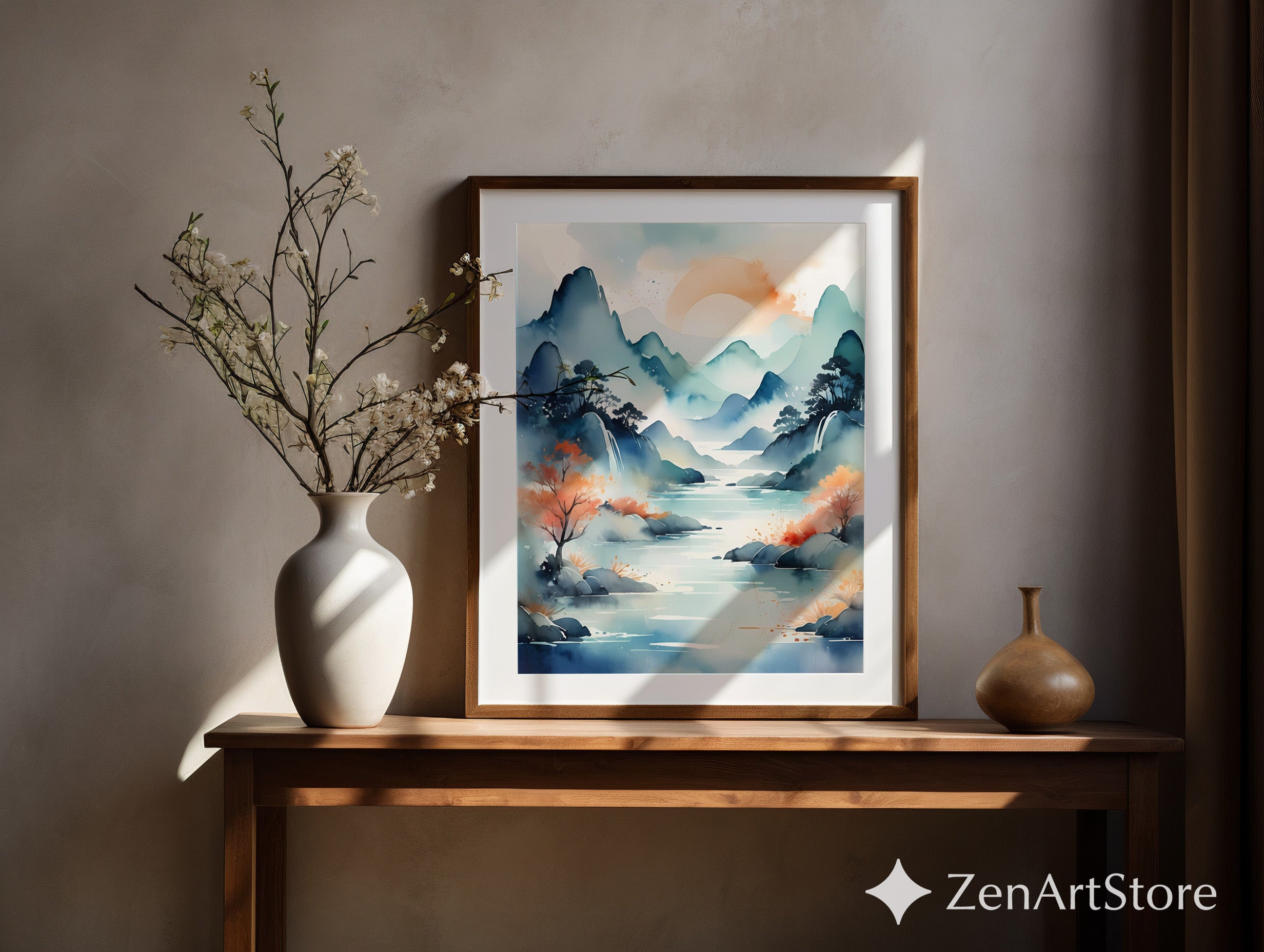 Watercolor Mountain Landscape Print - Serene Japandi Zen River Wall Art in Blue Teal & Peach - Calming Modern Home Decor