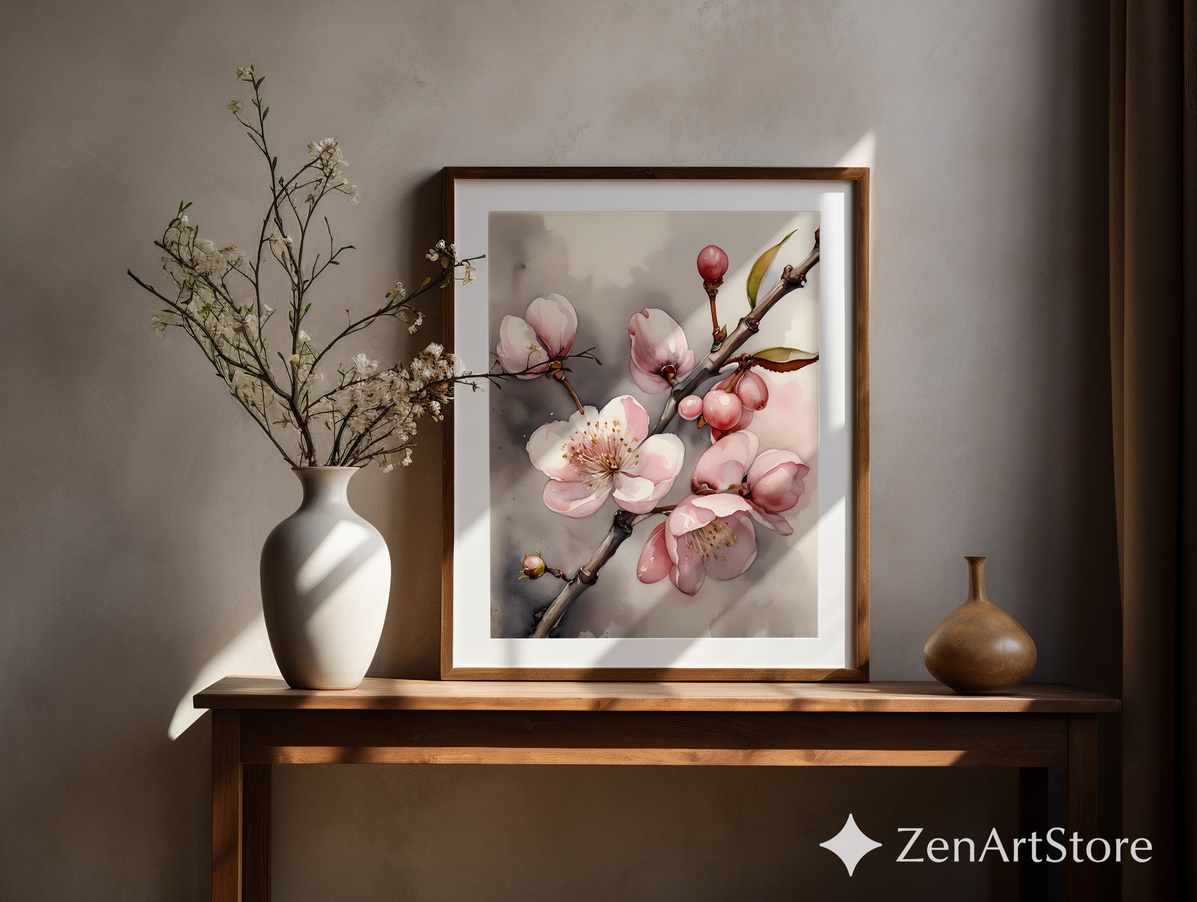 Soft Pink Cherry Blossom Wall Art - Botanical Watercolor Print, Japandi Minimal Floral Home Decor, Neutral Blush Botanical Print