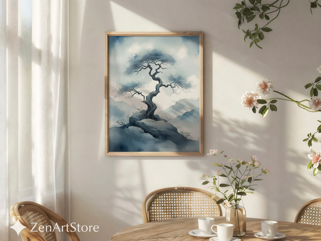 Misty Bonsai Tree Wall Art – Minimal Zen Landscape Print, Japandi Neutral Canvas or Printable for Living Room