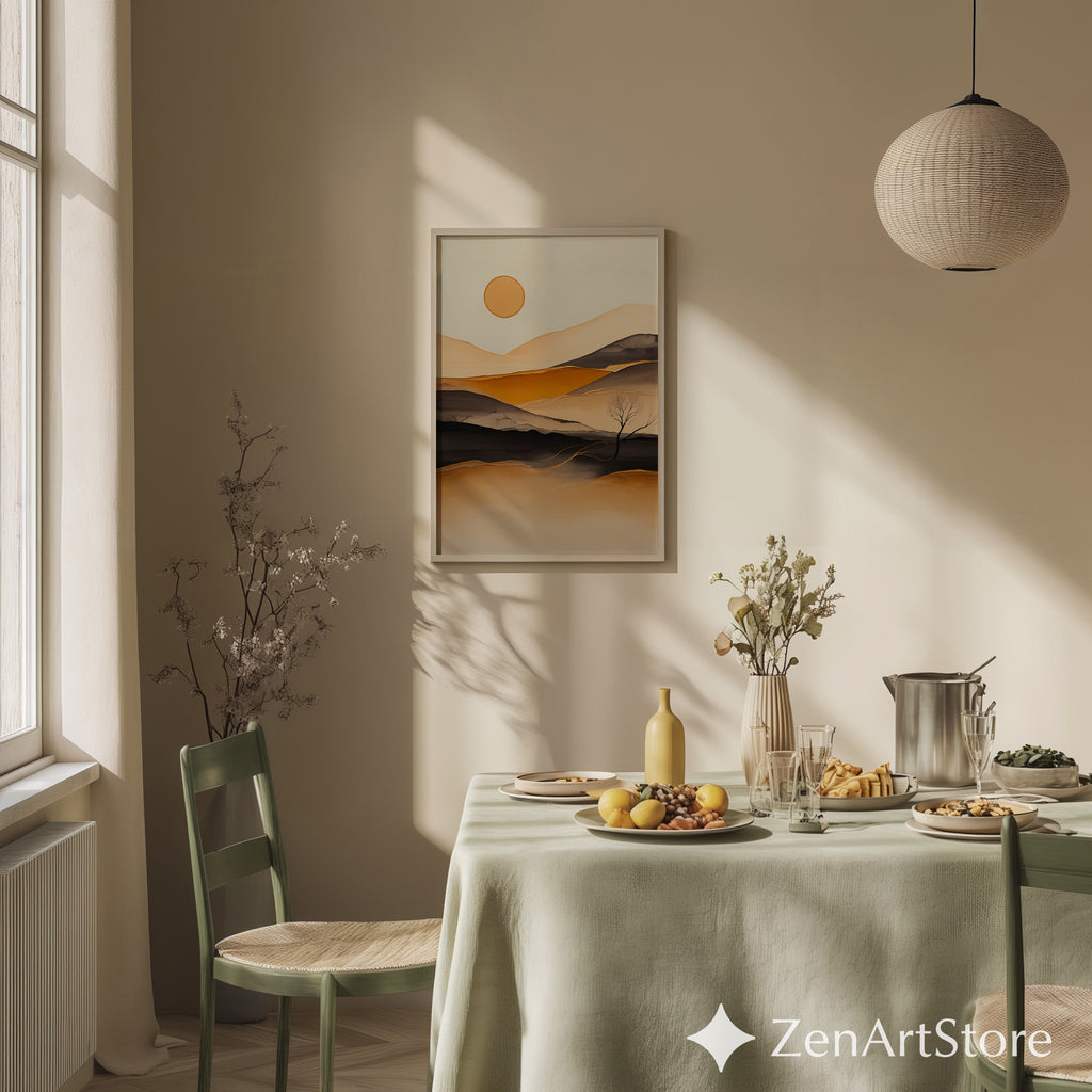 Minimal Abstract Desert Landscape Print - Warm Beige Ochre Modern Wall Art for Living Room, Japandi Scandi Canvas or Digital Download