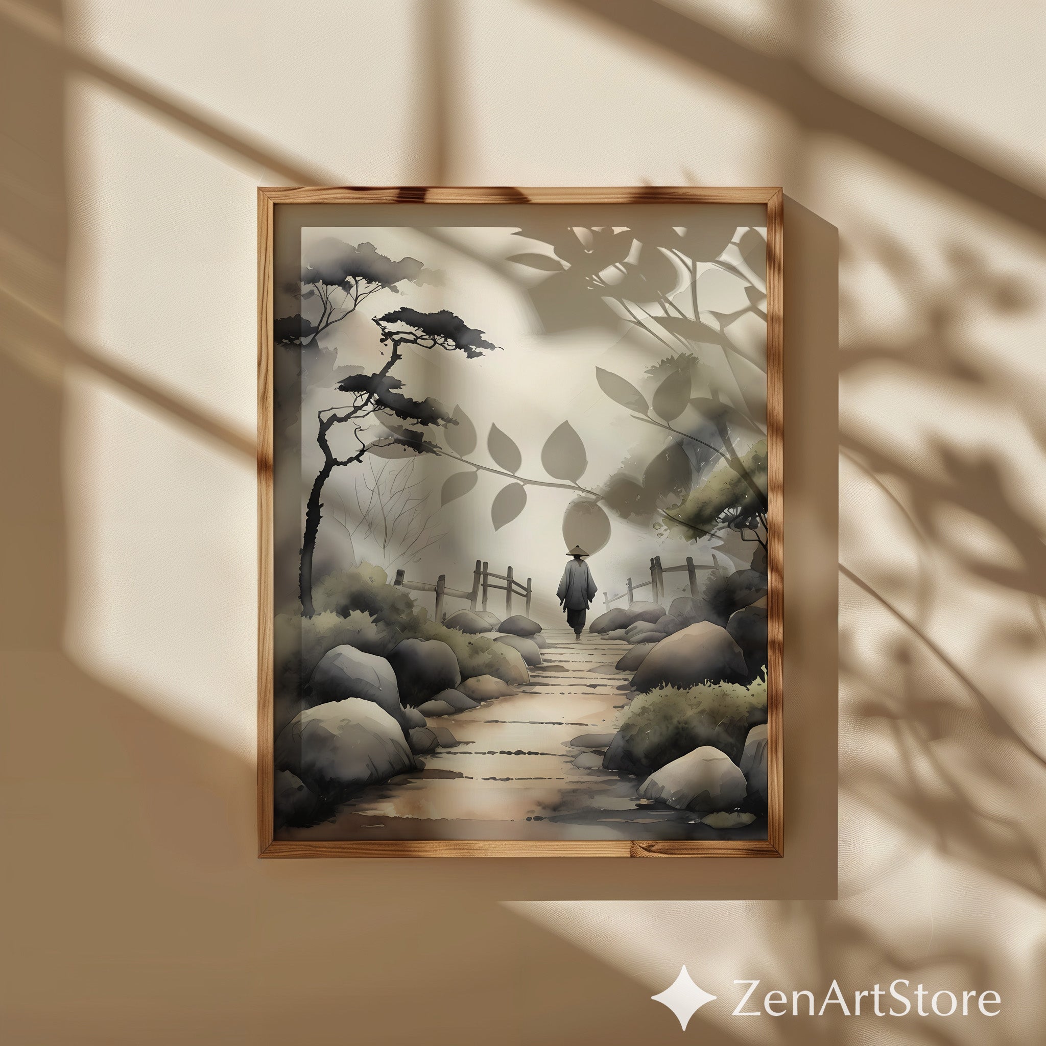 Misty Japanese Pathway Zen Landscape Print - Minimal Japandi Wall Art, Neutral Sumi-e Home Decor