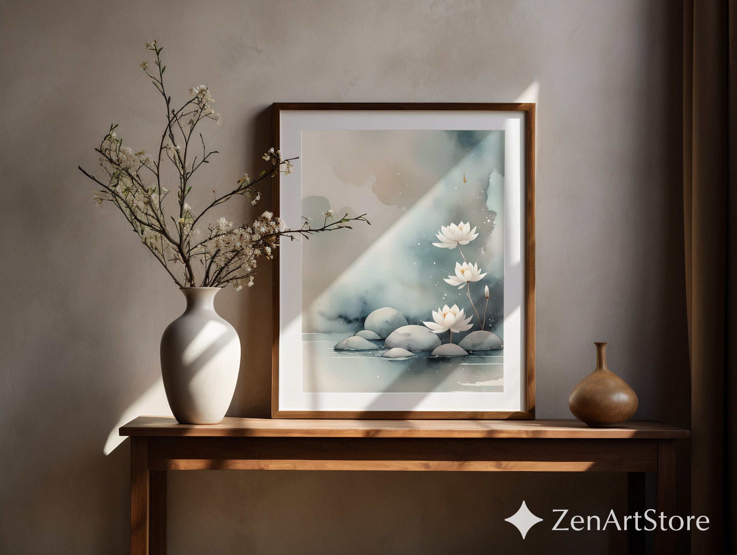 Serene Lotus Watercolor Wall Art – Minimal Zen Botanical Print for Japandi, Scandinavian & Neutral Home Decor