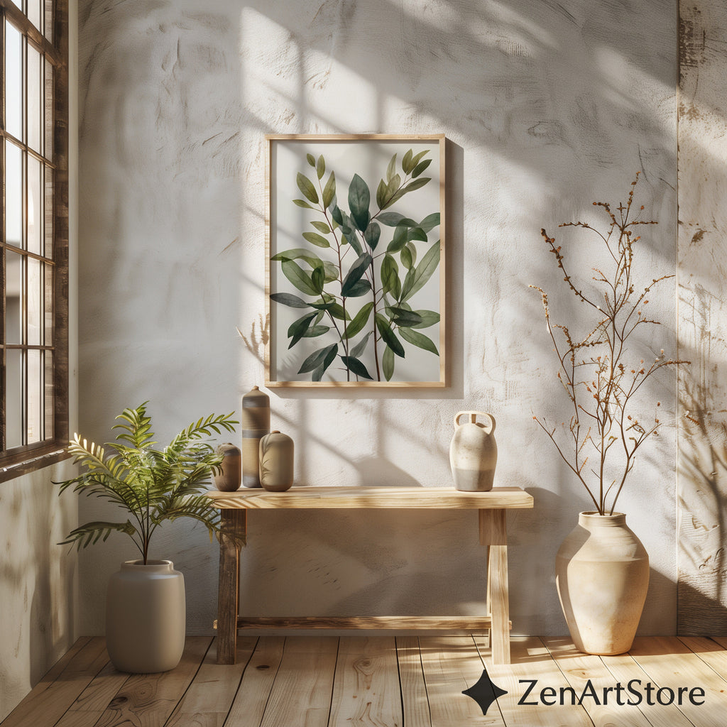 Minimal Green Leaves Botanical Wall Art - Modern Neutral Plant Print for Scandinavian Japandi Home Decor