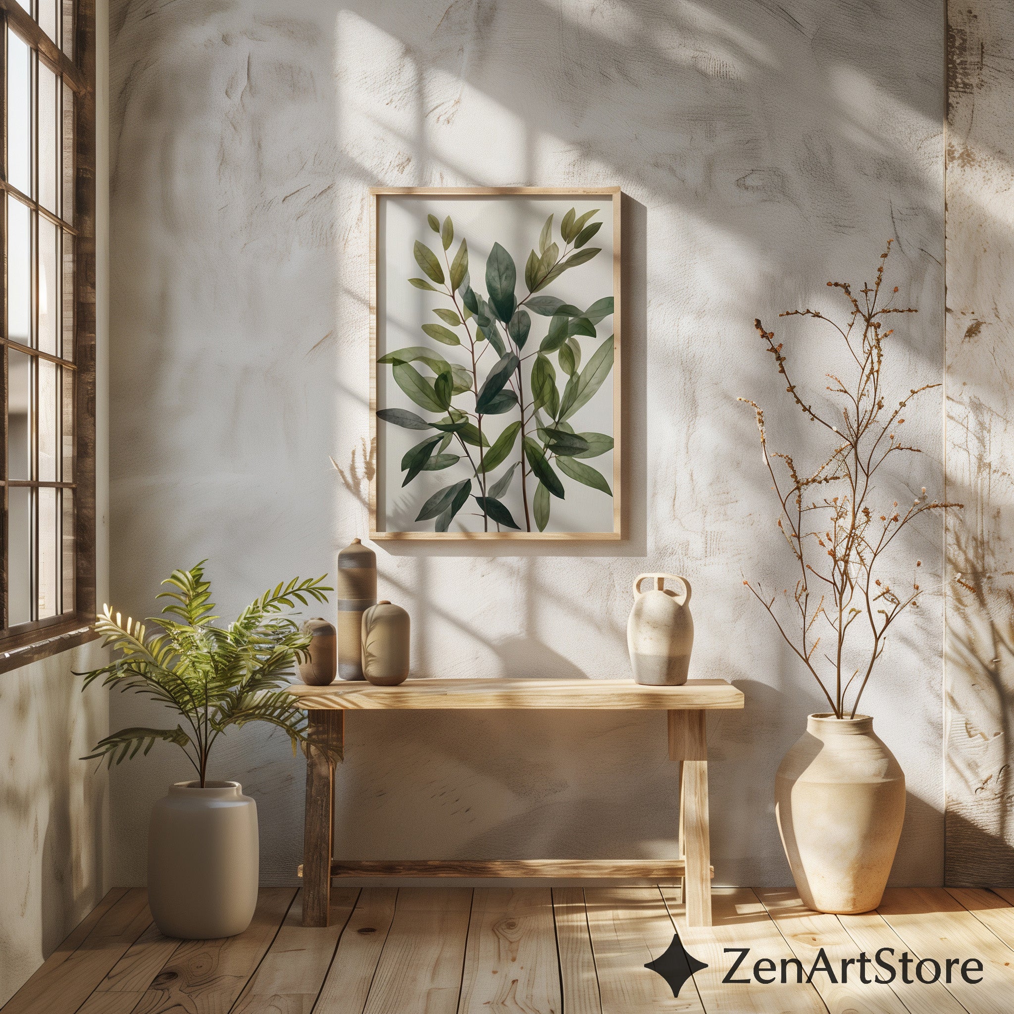 Minimal Green Leaves Botanical Wall Art - Modern Neutral Plant Print for Scandinavian Japandi Home Decor