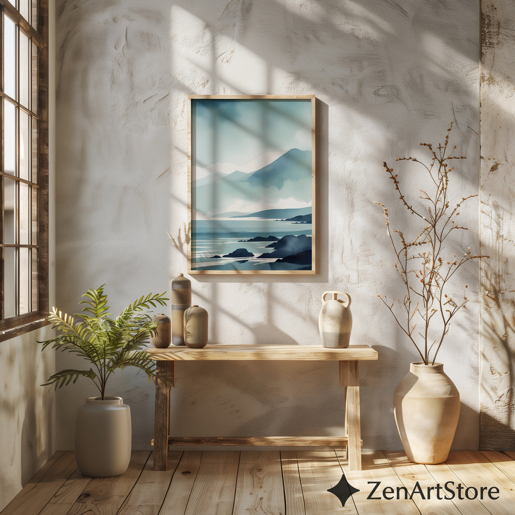 Minimal Blue Coastal Landscape Print - Serene Mountain Seascape Wall Art for Japandi & Scandinavian Homes