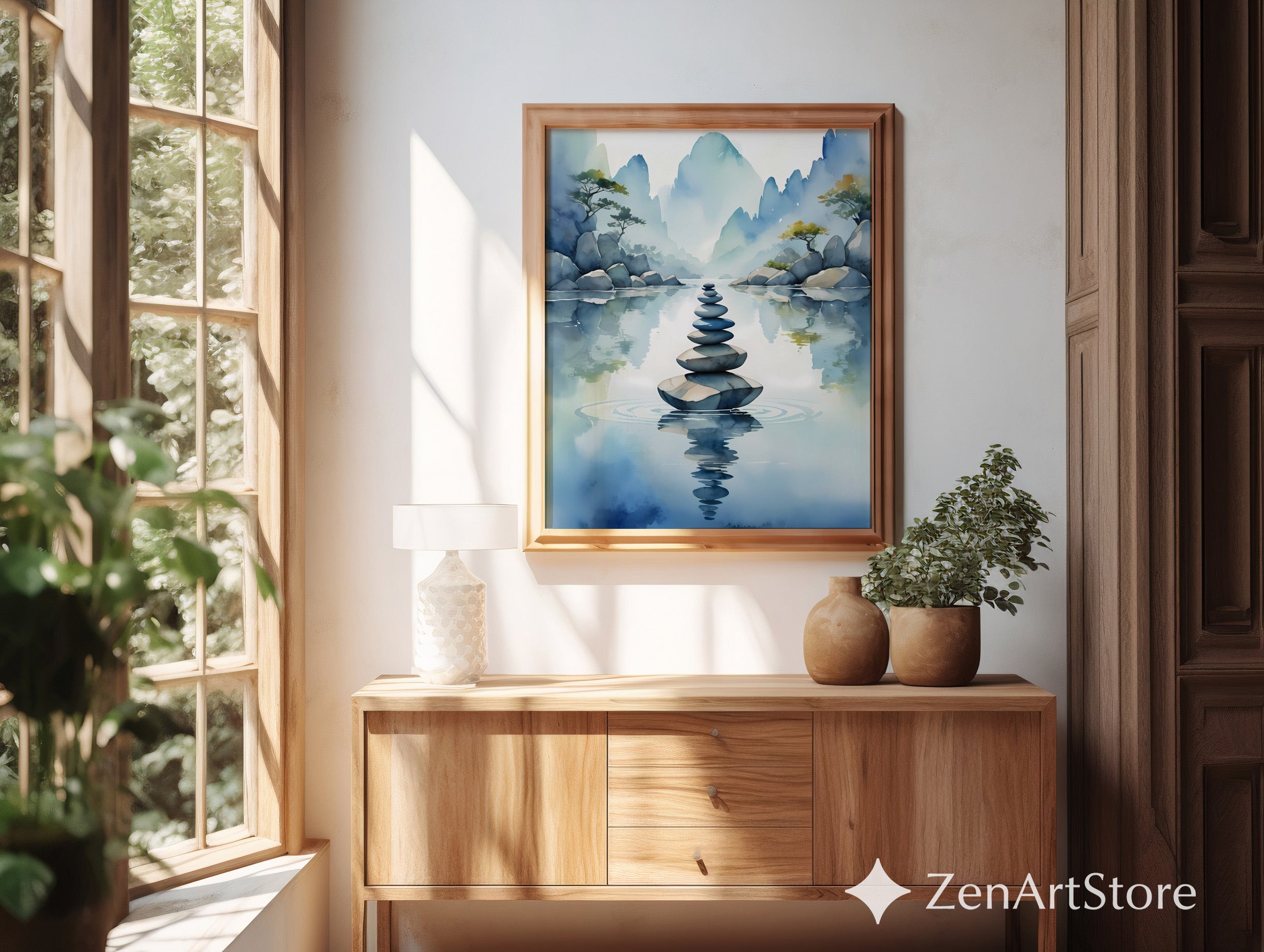Zen Stone Stack Watercolor Print - Minimal Japandi Landscape Wall Art for Living Room, Bedroom & Meditation Space