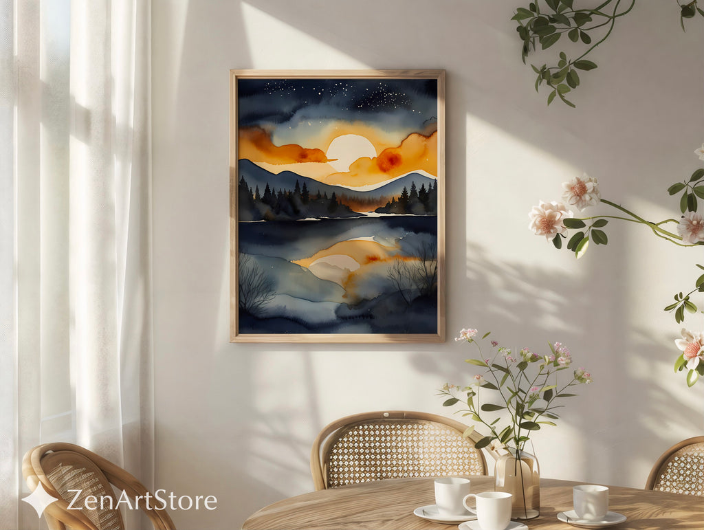 Serene Sunset Lake Watercolor Print - Moody Navy and Gold Mountain Landscape Wall Art