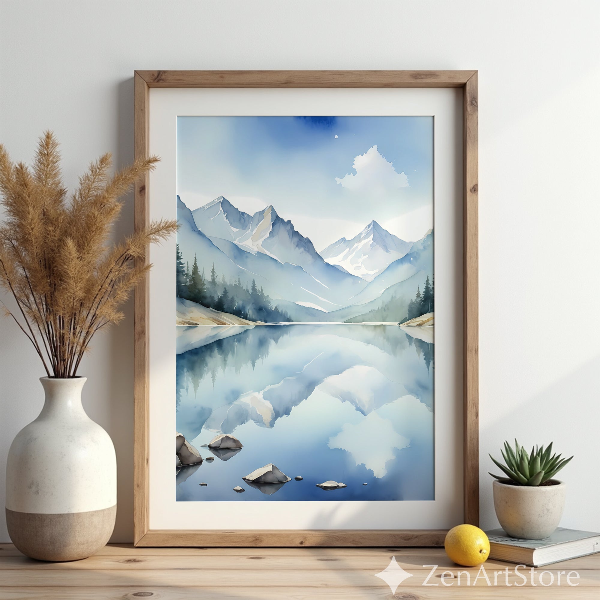 Watercolor Mountain Lake Print - Serene Blue Landscape Wall Art for Scandinavian Japandi Minimalist Home Decor