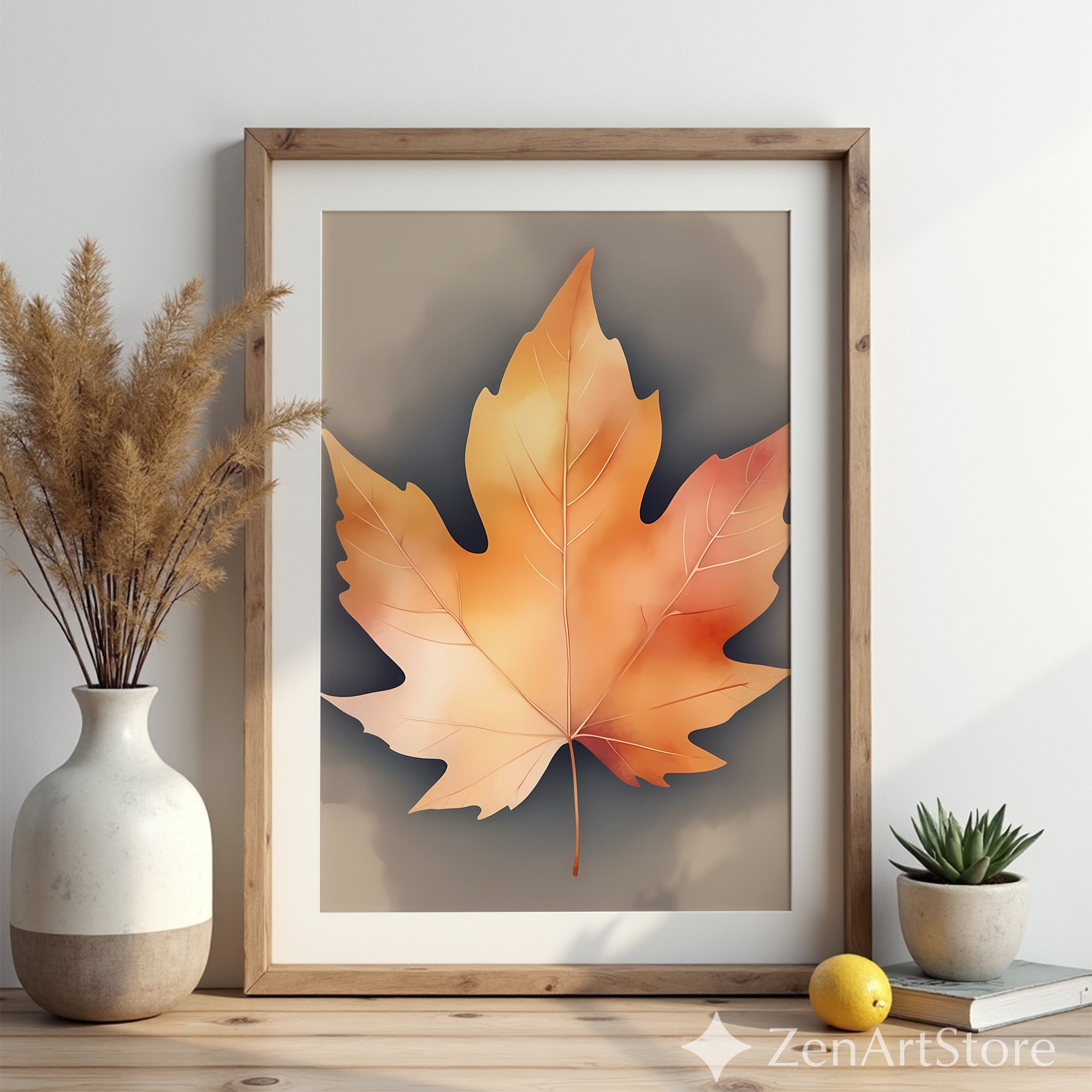 Neutral Autumn Leaf Wall Art - Minimal Maple Leaf Print, Japandi Wabi-Sabi Fall Home Decor, Beige Botanical Wall Art