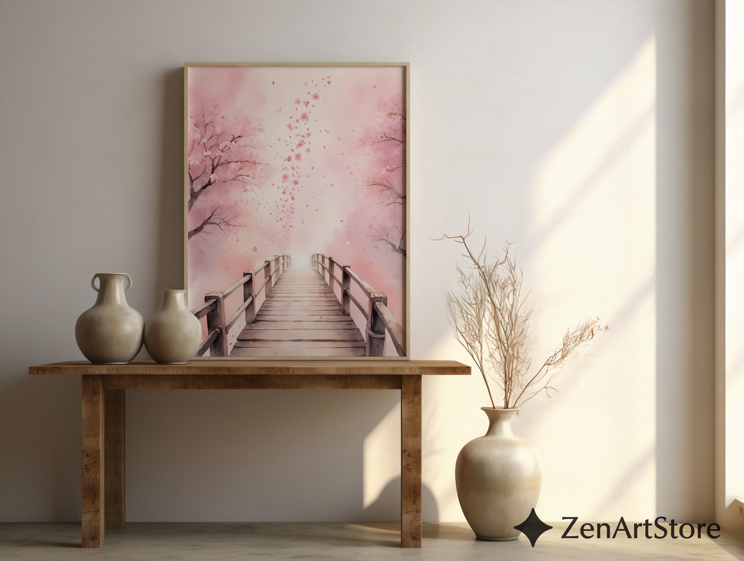 Cherry Blossom Bridge Wall Art - Pink Sakura Canvas Print & Printable, Japandi Minimalist Home Decor
